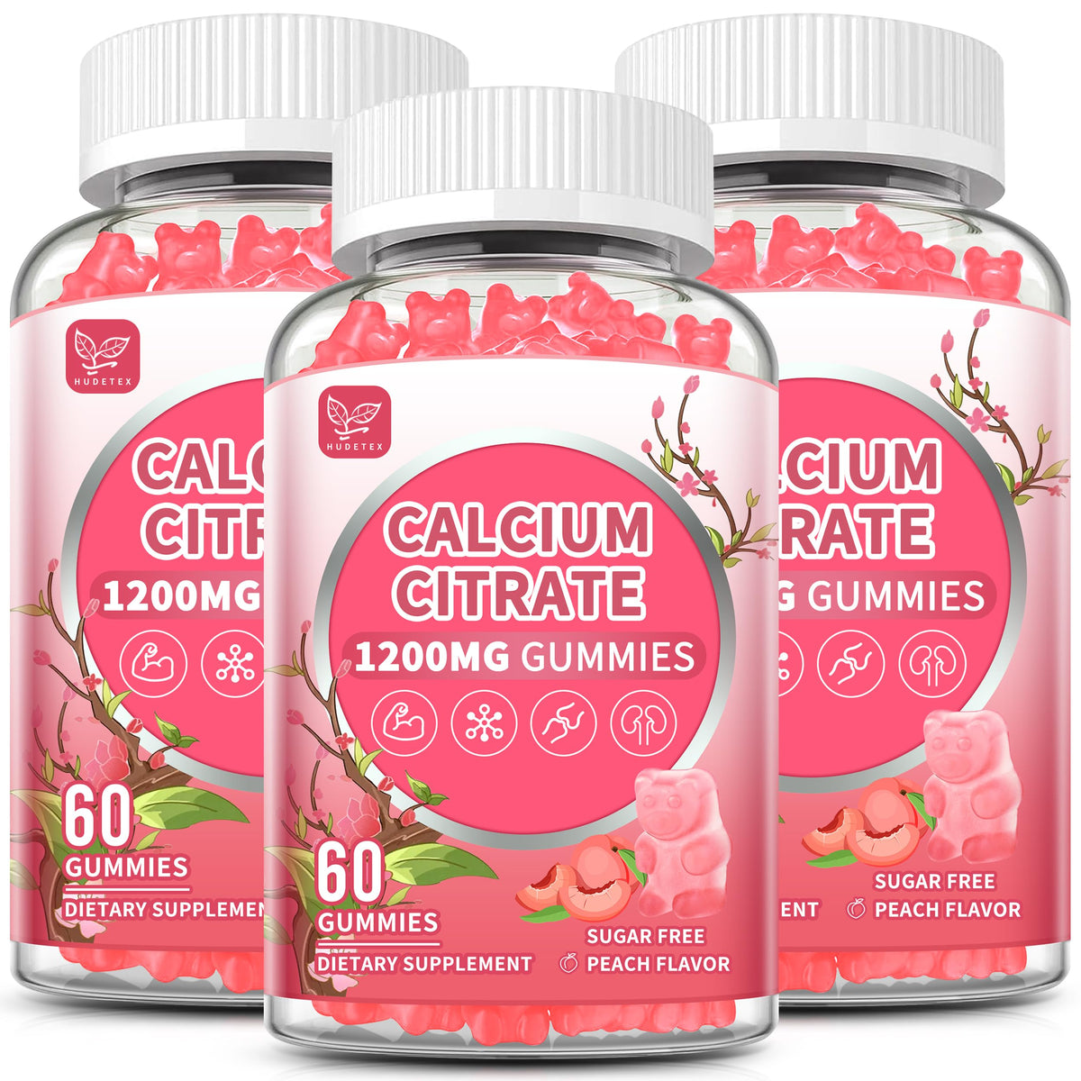 Gommes Hudetex Calcium Citrate 1200 mg dans flacon pour absorption élevée.