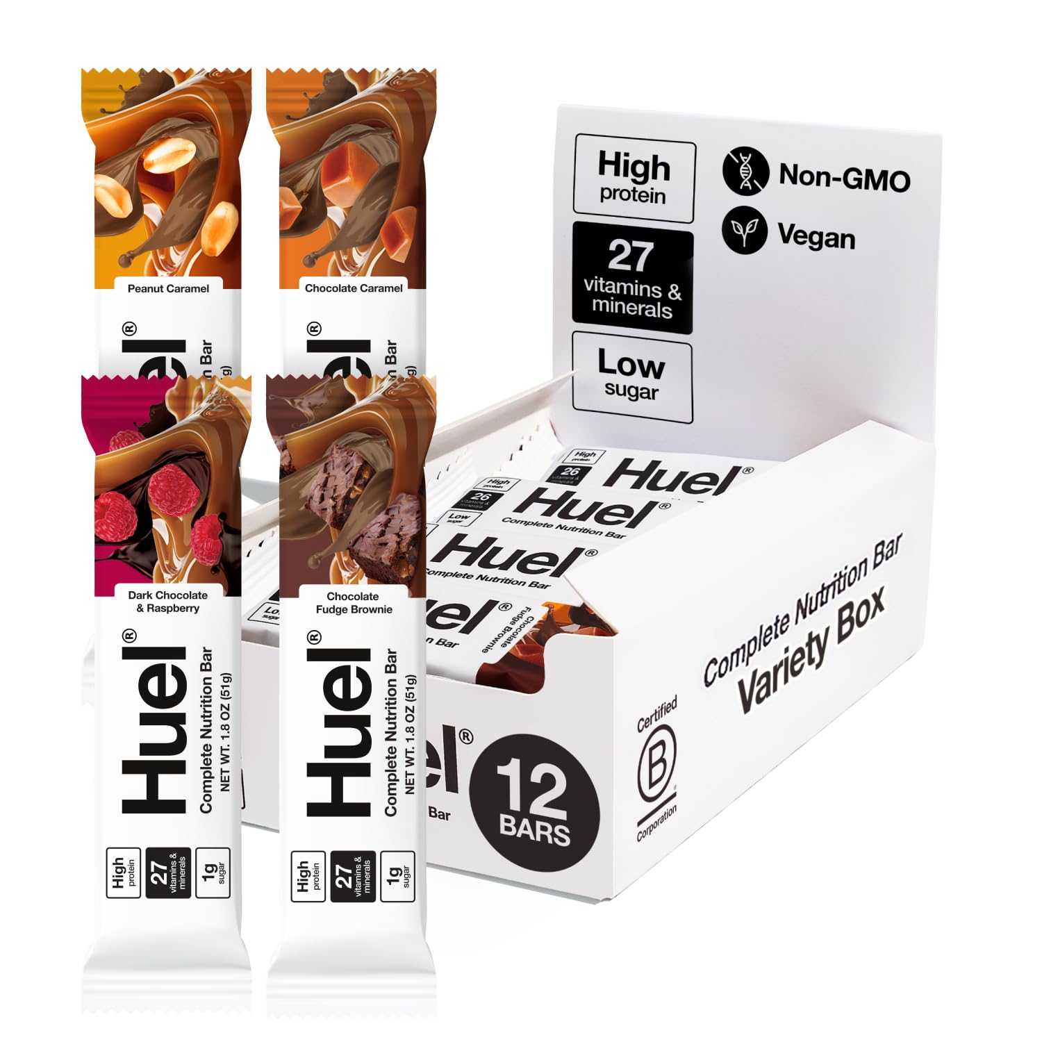 Barres Huel Complete Nutrition dans leur emballage variété, pratique pour vos collations quotidiennes.