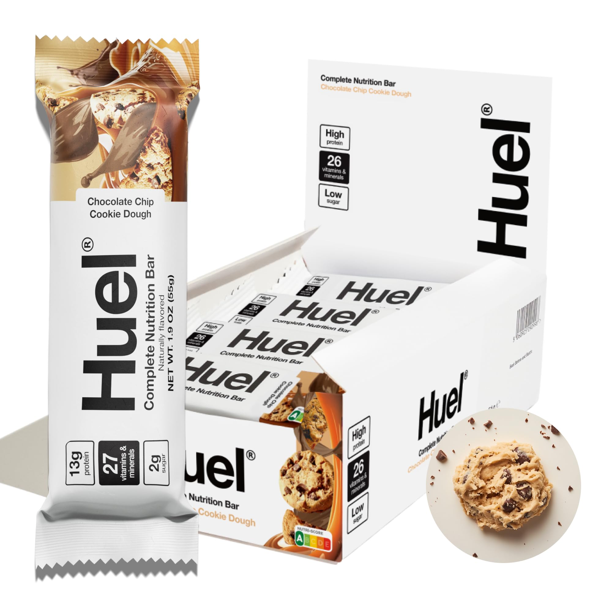 Barre Huel végétale pate-biscuit emballage, snack pratique et appetissant