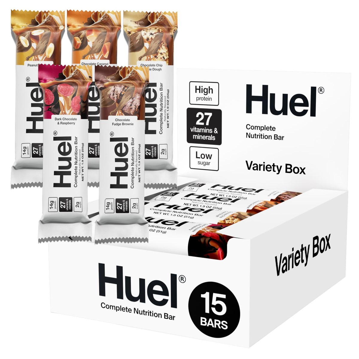Barres Huel Complete Nutrition emballage caramel cacao, snack pratique et nourrissant.