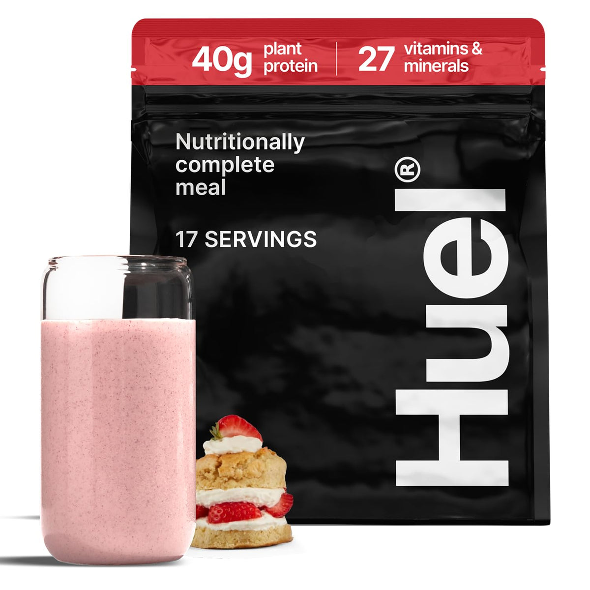 Huel Black Edition Strawberry Shortcake sur emballage, goût gourmand et vegan.