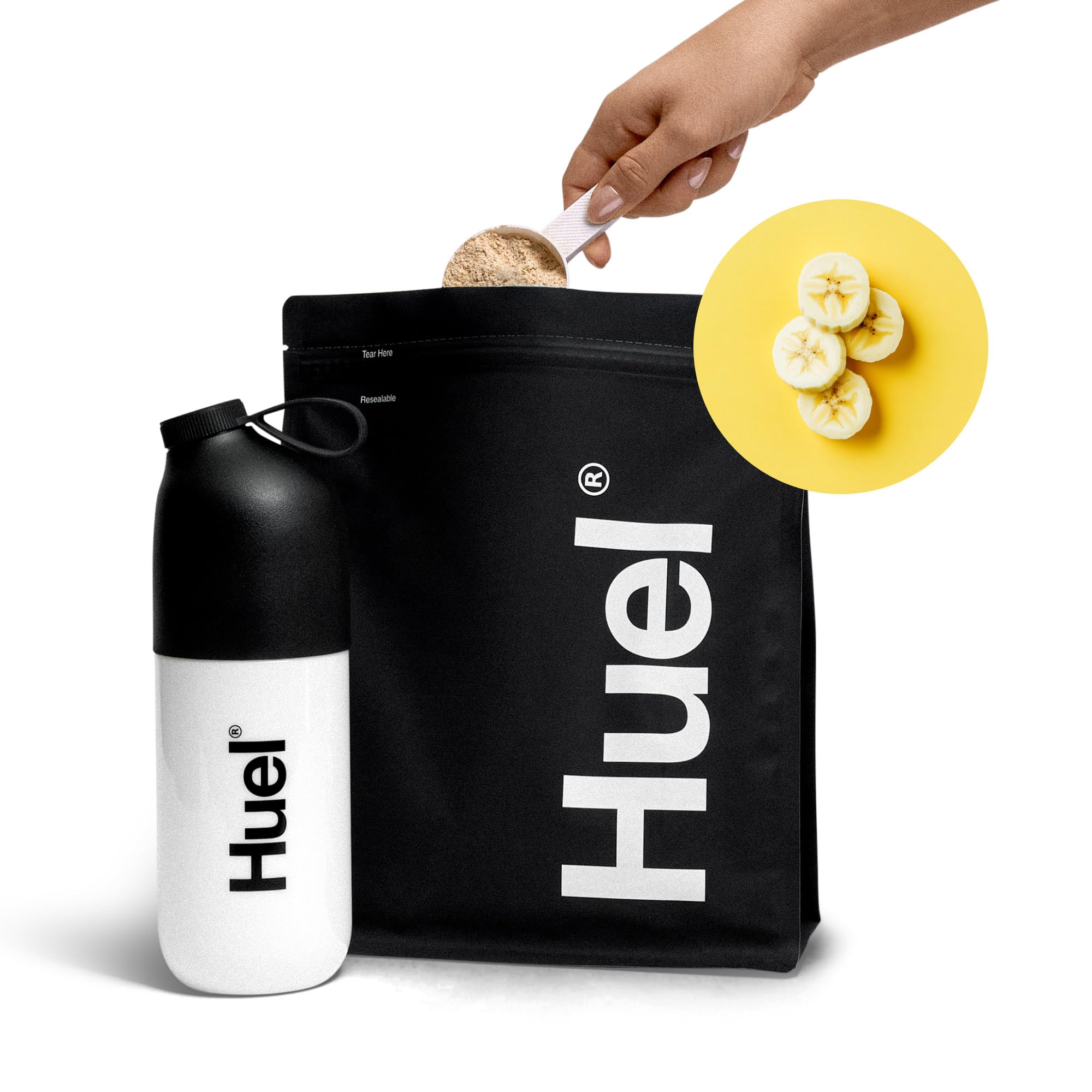 Logo Huel et packaging éco-responsable, choix durable et végan.
