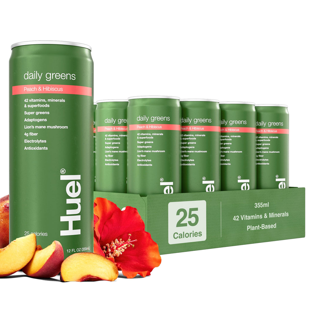 Bouteille Huel Daily Greens peche hibiscus, pret-a-boire rafraichissant pour demarrer la journee.