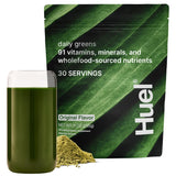 Huel Daily Greens, bouteille et poudre visibles, soutient l'apport nutritionnel quotidien.