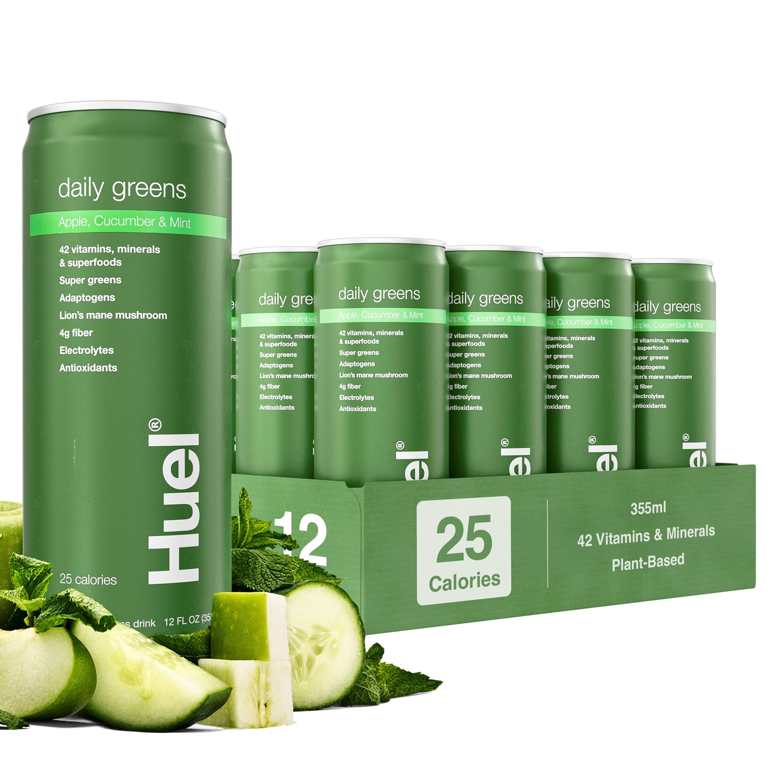 Huel Daily Greens en bouteille versante, pratique pour un petit-déjeuner rapide et équilibré.