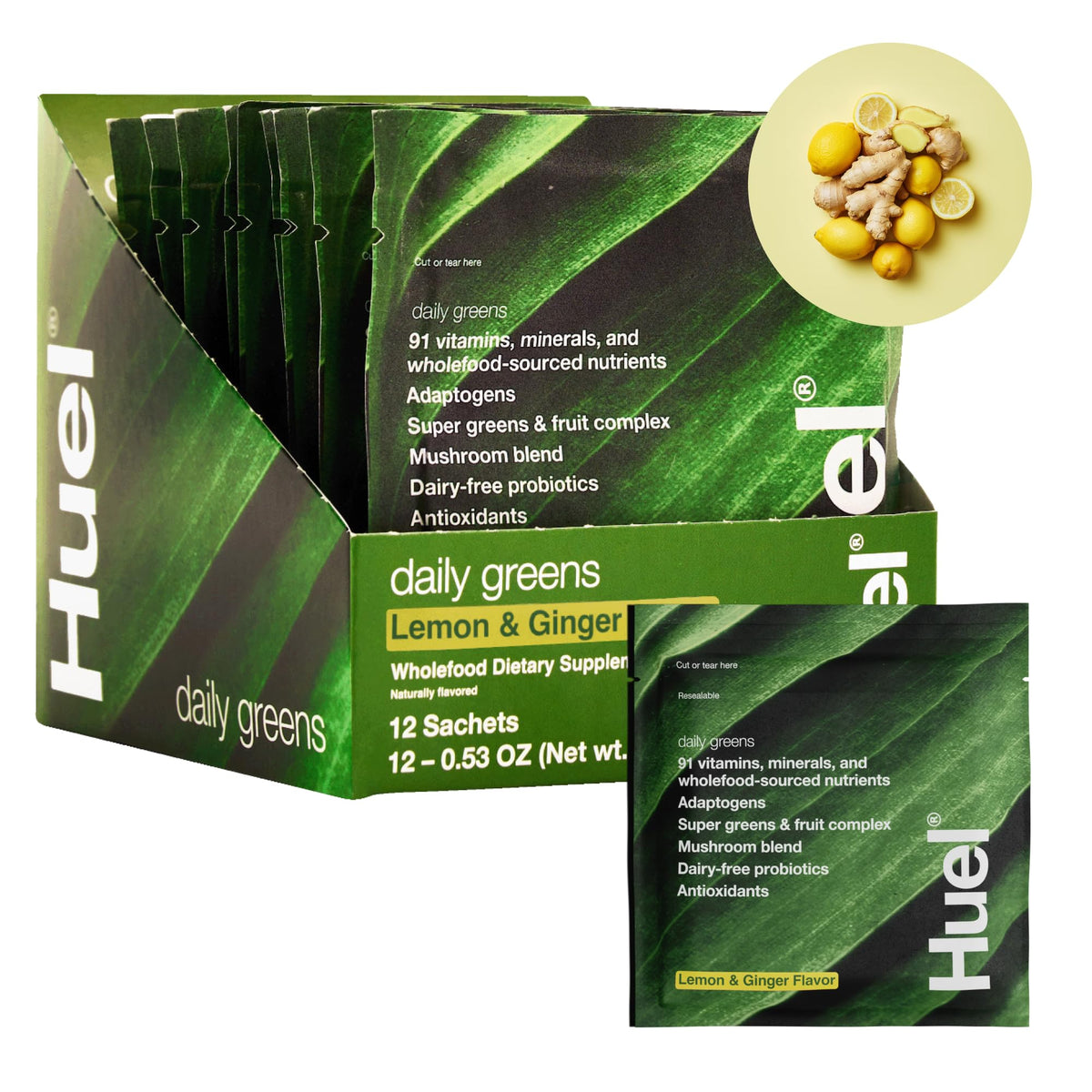 Huel Daily Greens citron-gingembre boisson rafraîchissante et énergisante.