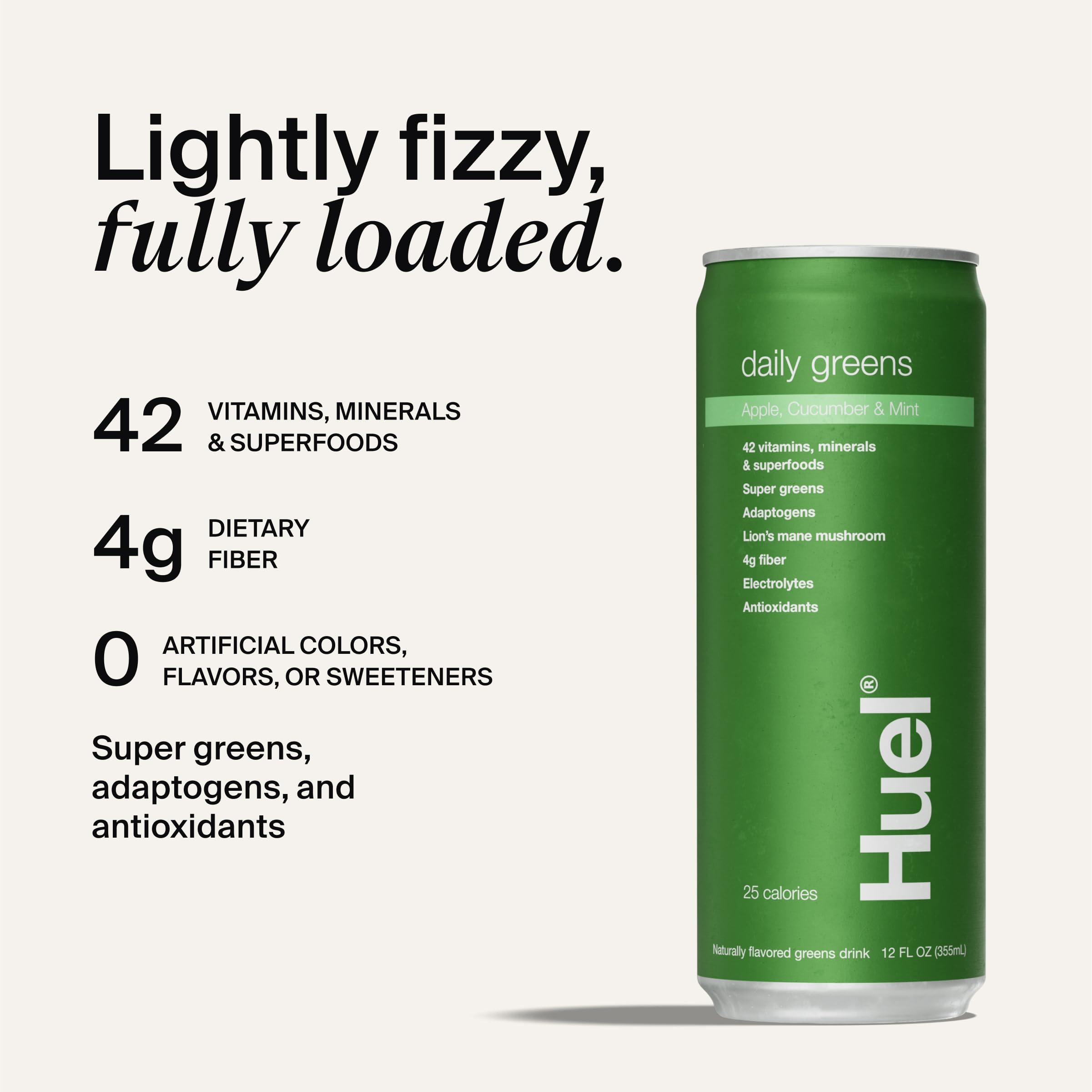Huel Daily Greens sur l’étiquette pomme-concombre-menthe, goût frais et fruité.