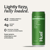 Huel Daily Greens sur l’étiquette pomme-concombre-menthe, goût frais et fruité.