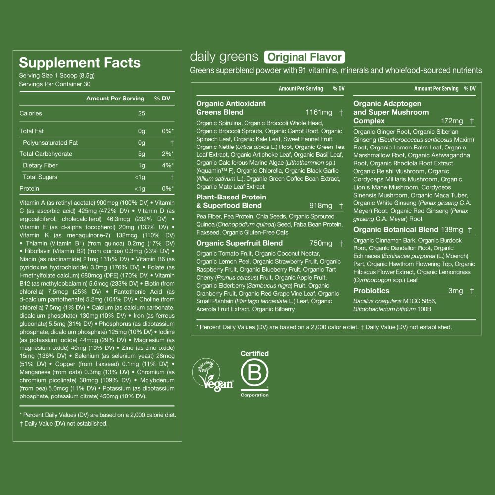 Huel Daily Greens, ingrédients verts variés, riches en superaliments et protéines végétales.