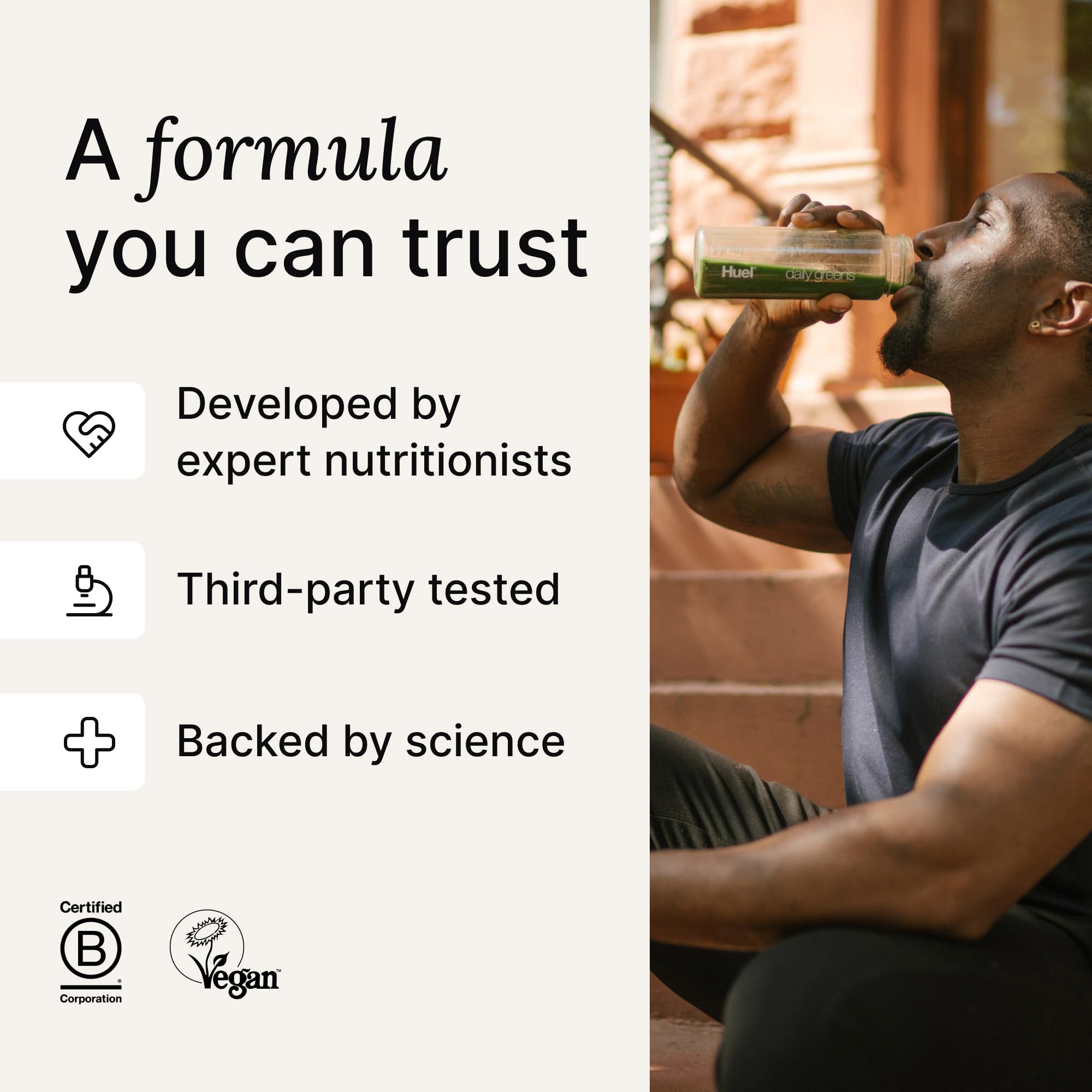 Huel Daily Greens goût frais et léger idéal pour petit-déjeuner rapide.