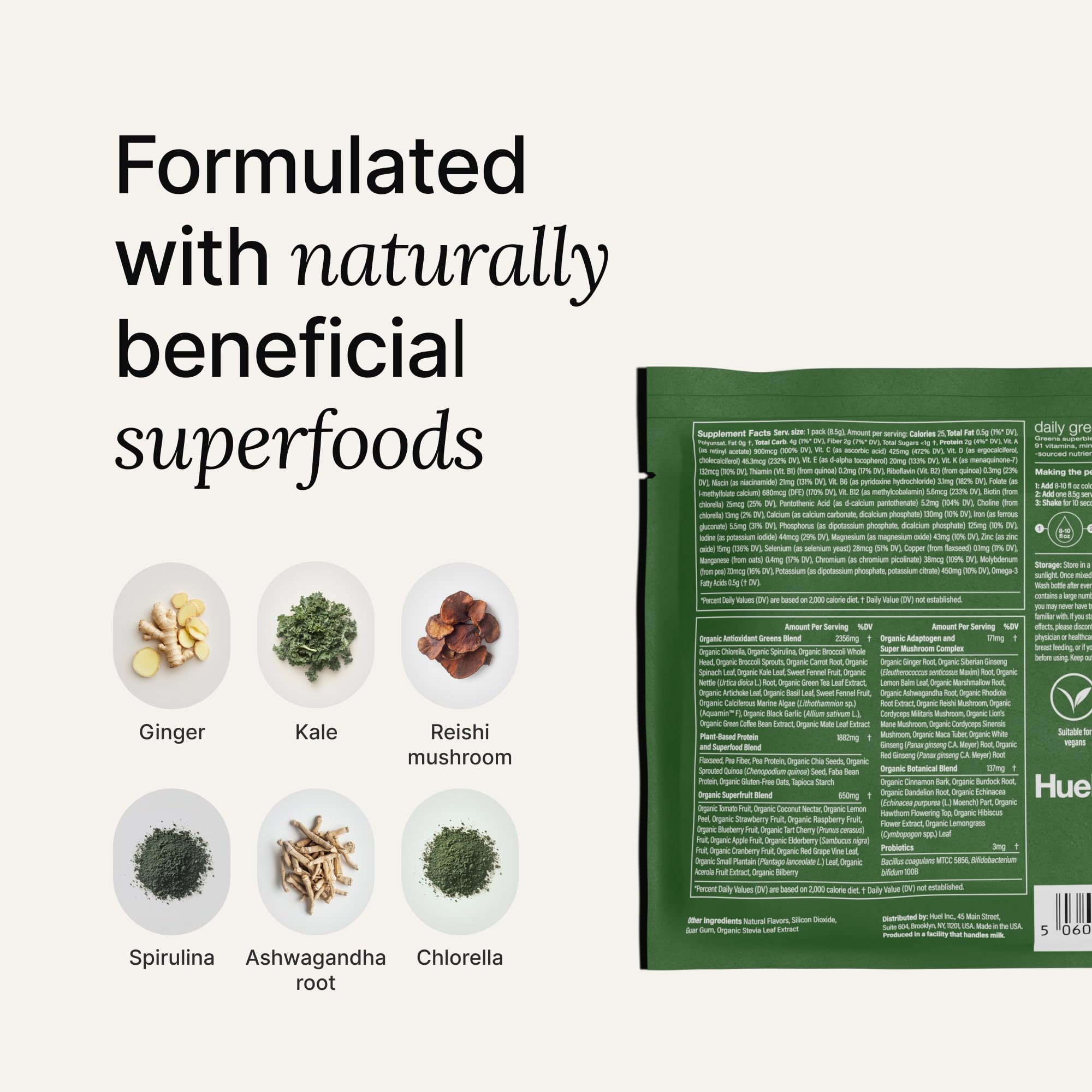 Huel Daily Greens poudre verte naturelle, source de nutriments essentiels.
