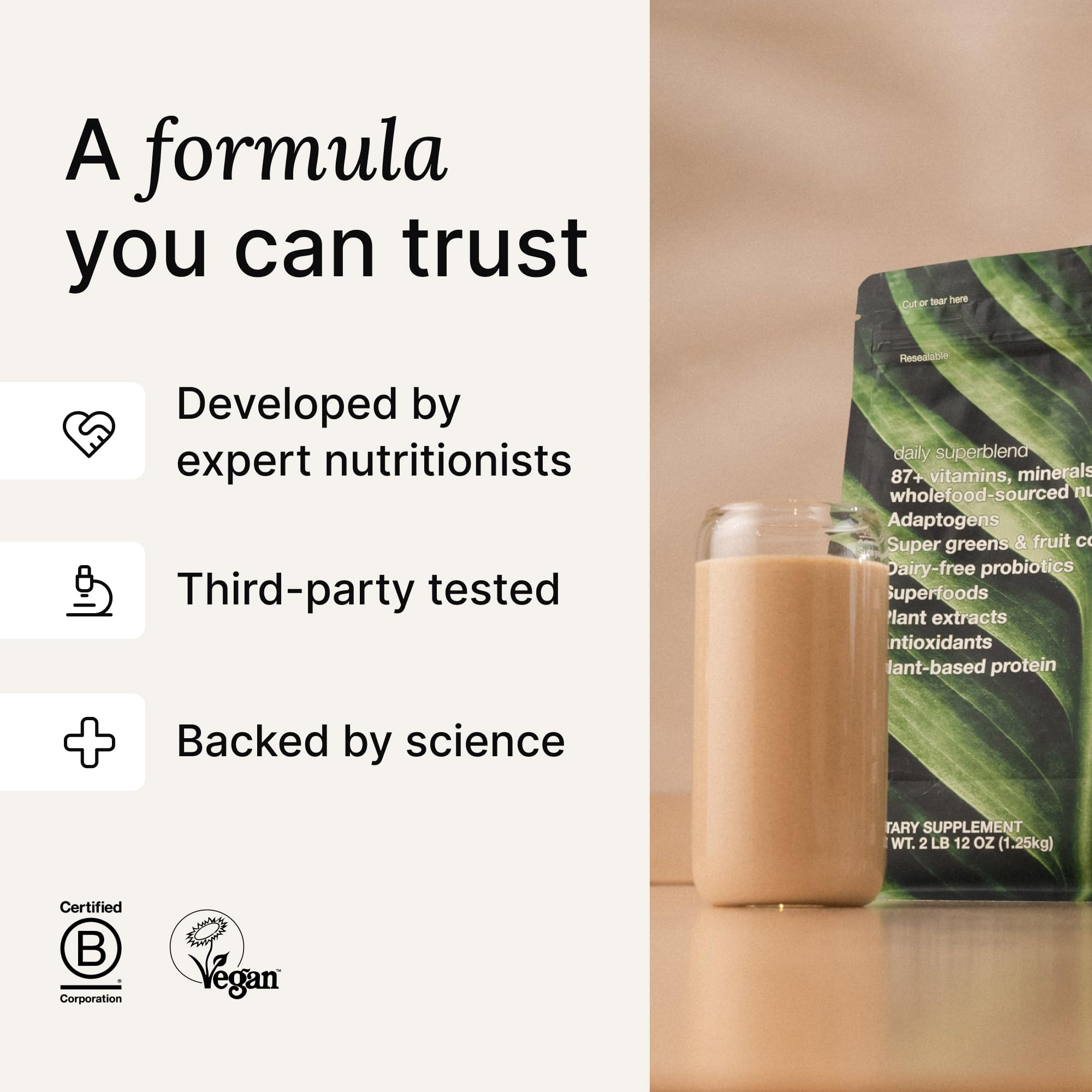 Huel ingrédients organiques et probiotiques pour un apport nutritionnel accessible.