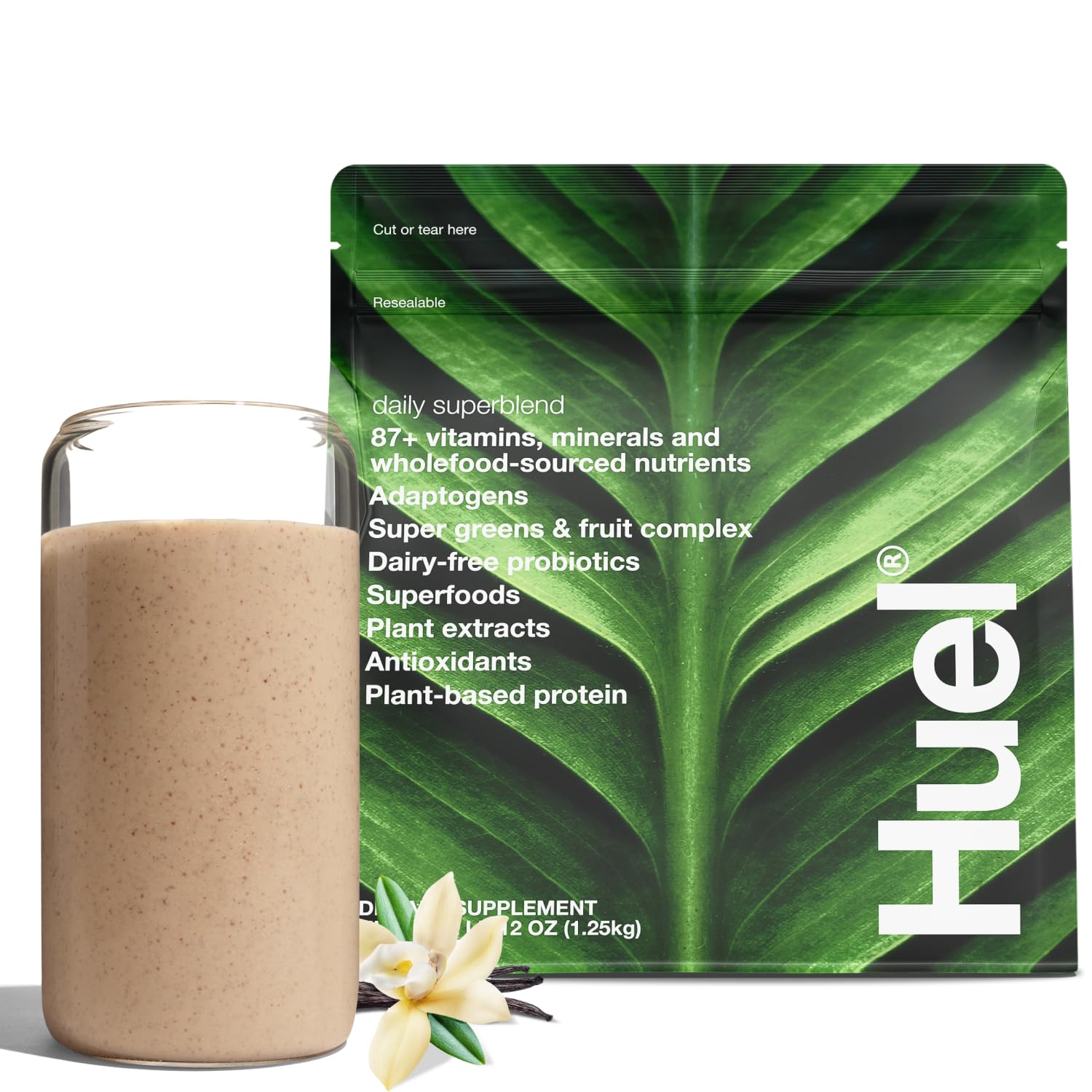 Huel : poudre protéinée végétale à la vanille, idéal pour un petit-déjeuner rapide et équilibré.