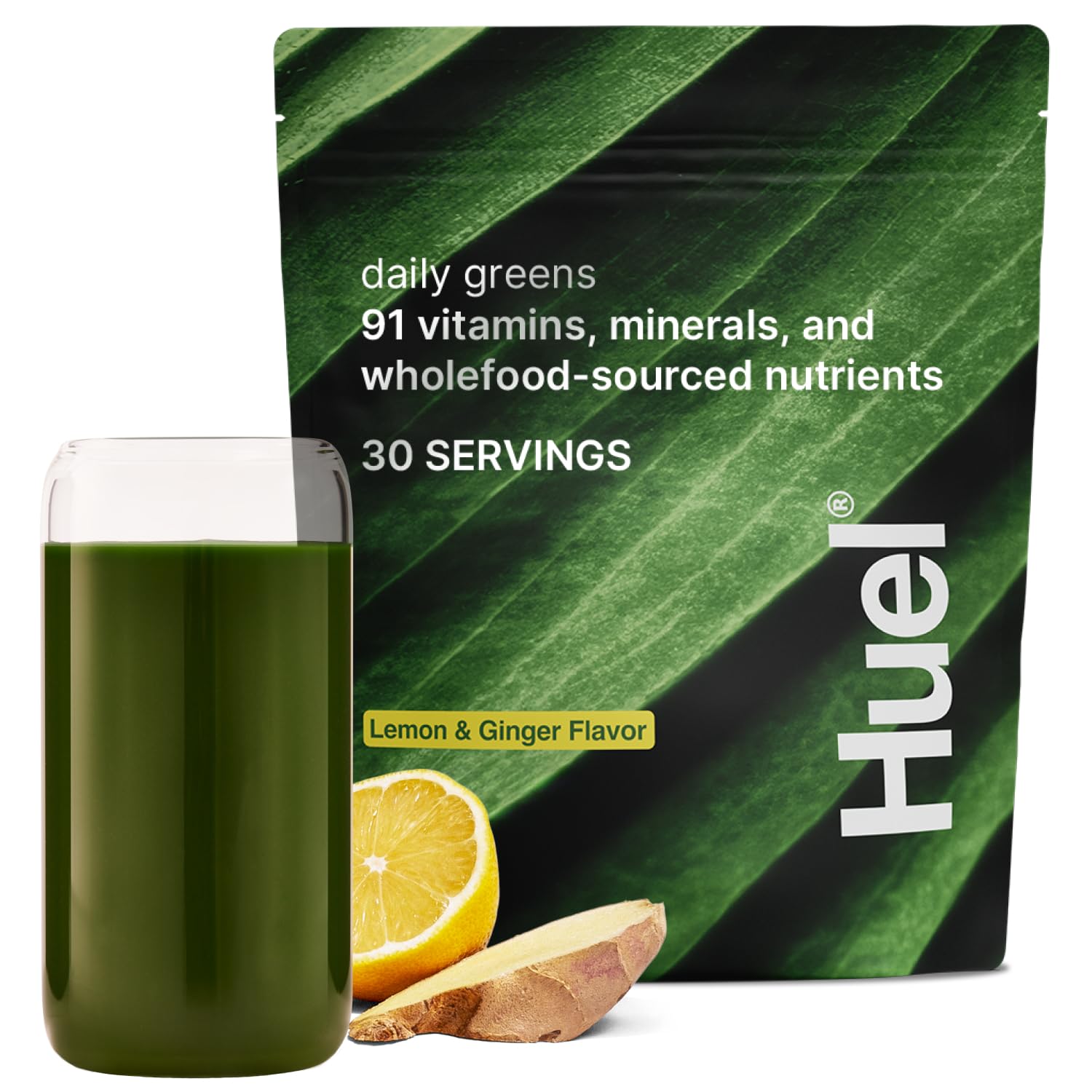 Huel Verdure Quotidienne citron-gingembre en poudre prête à être mélangée.