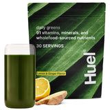 Huel Verdure Quotidienne citron-gingembre en poudre prête à être mélangée.