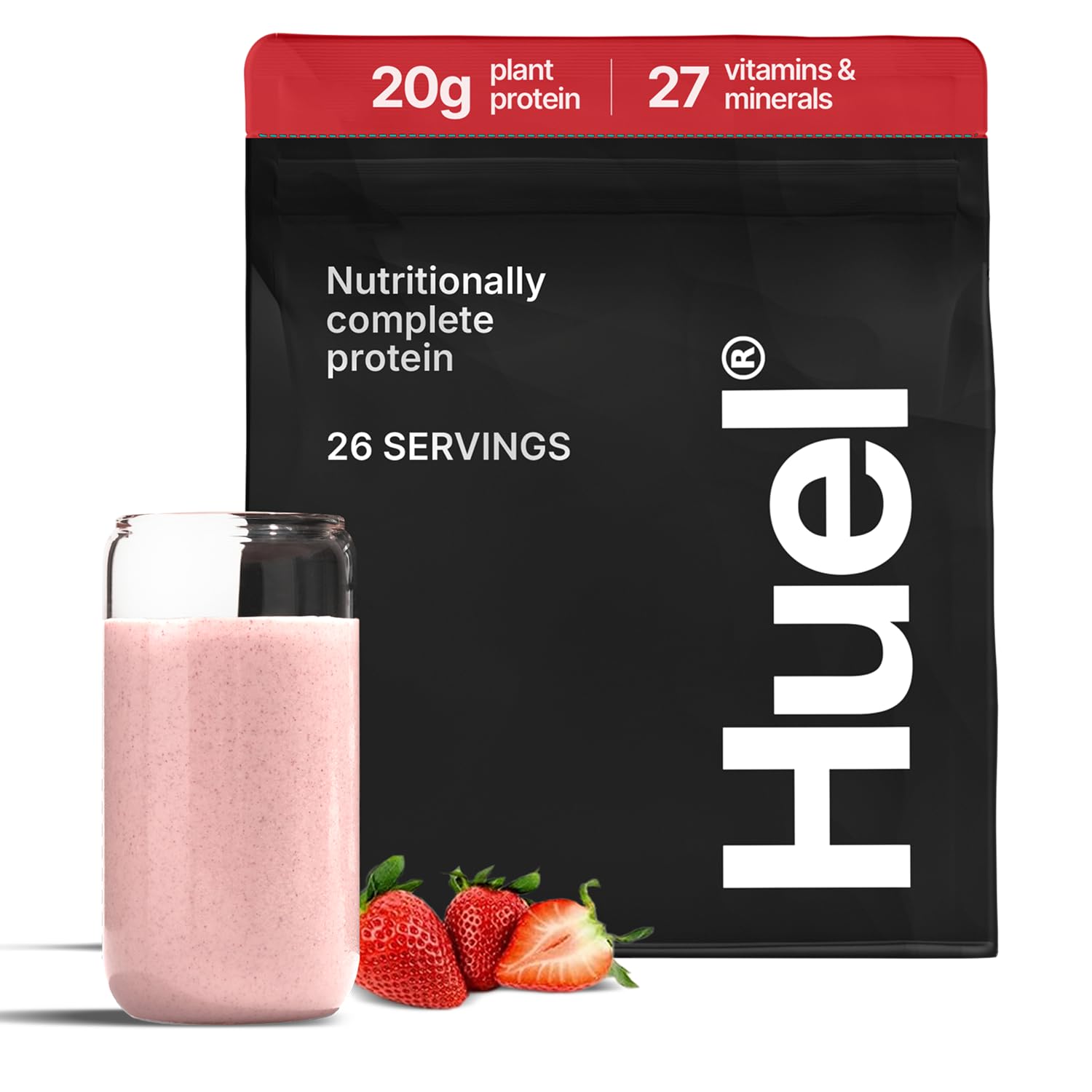 Huel Poudre Protéine Végane Fraise — emballage visible prêt à l’emploi pour un repas rapide