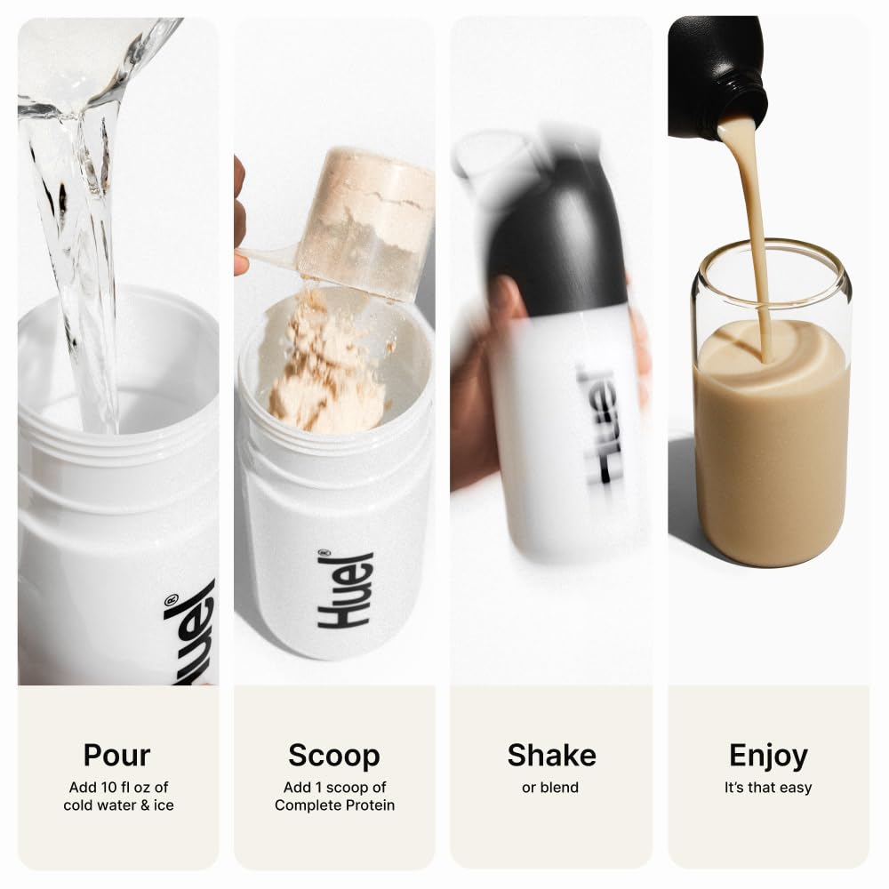 Préparation smoothie rapide avec Huel Fraise et lait végétal