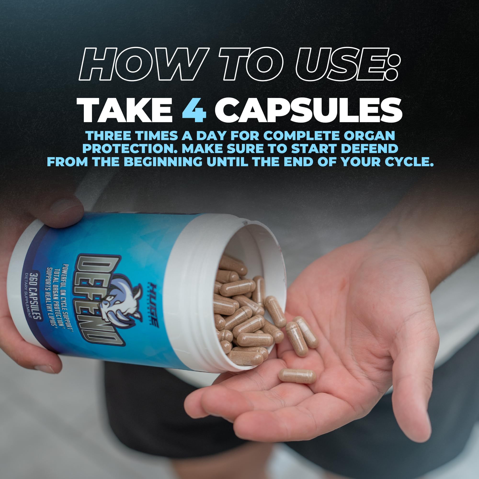 Huge Supplements Defend Cycle: tableau des dosages et répartition des actifs par portion.