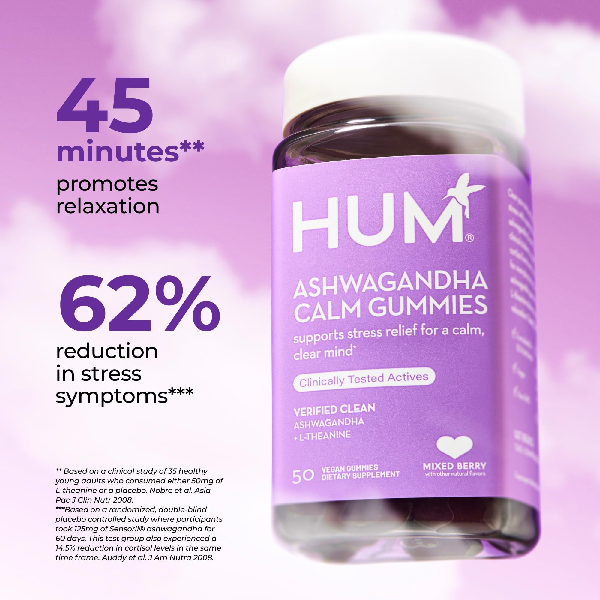 Emballage HUM Calm Ashwagandha et L-théanine bien présenté.