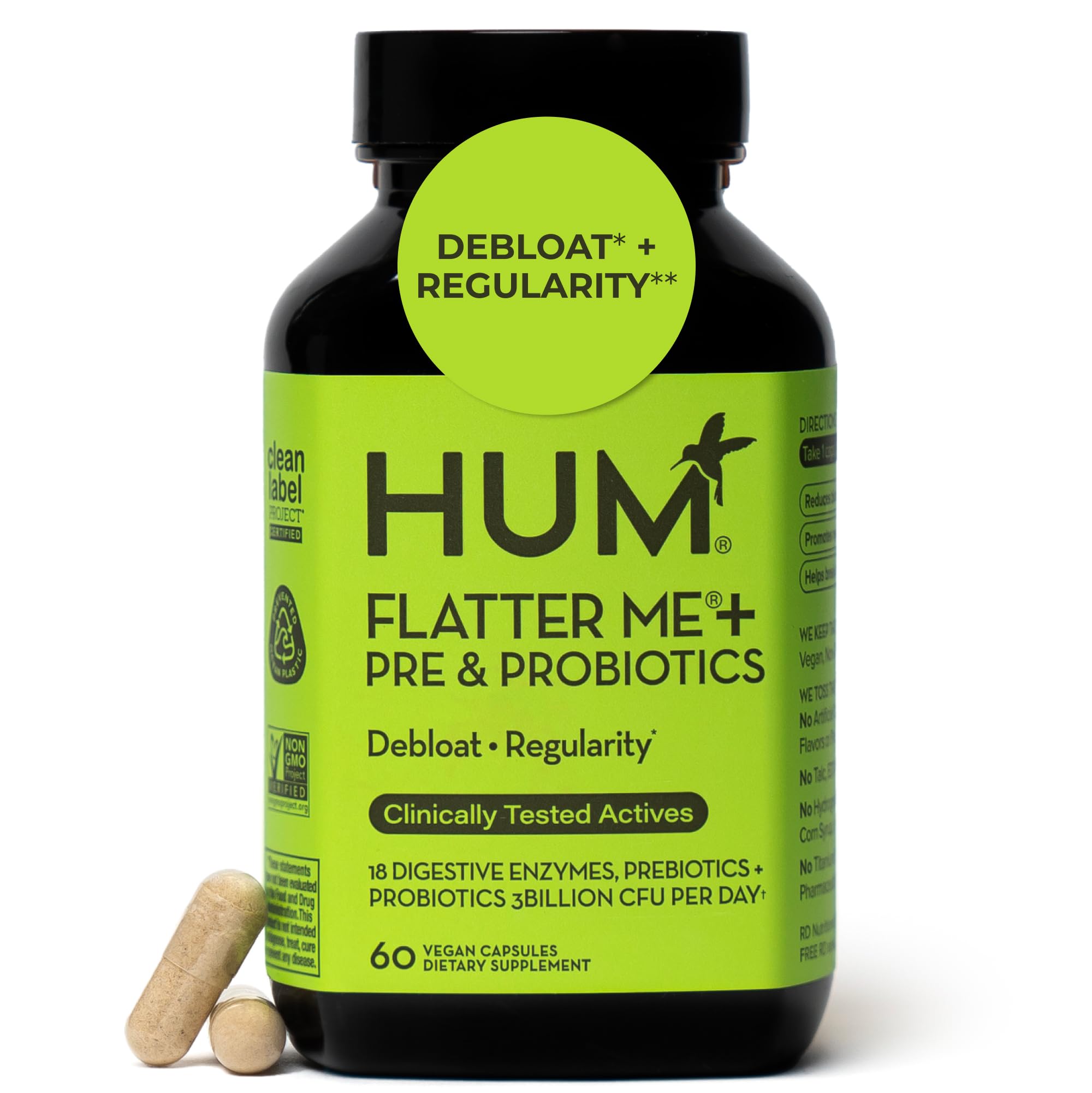Bouteille HUM Flatter Me, 60 capsules, pratique à intégrer au quotidien.