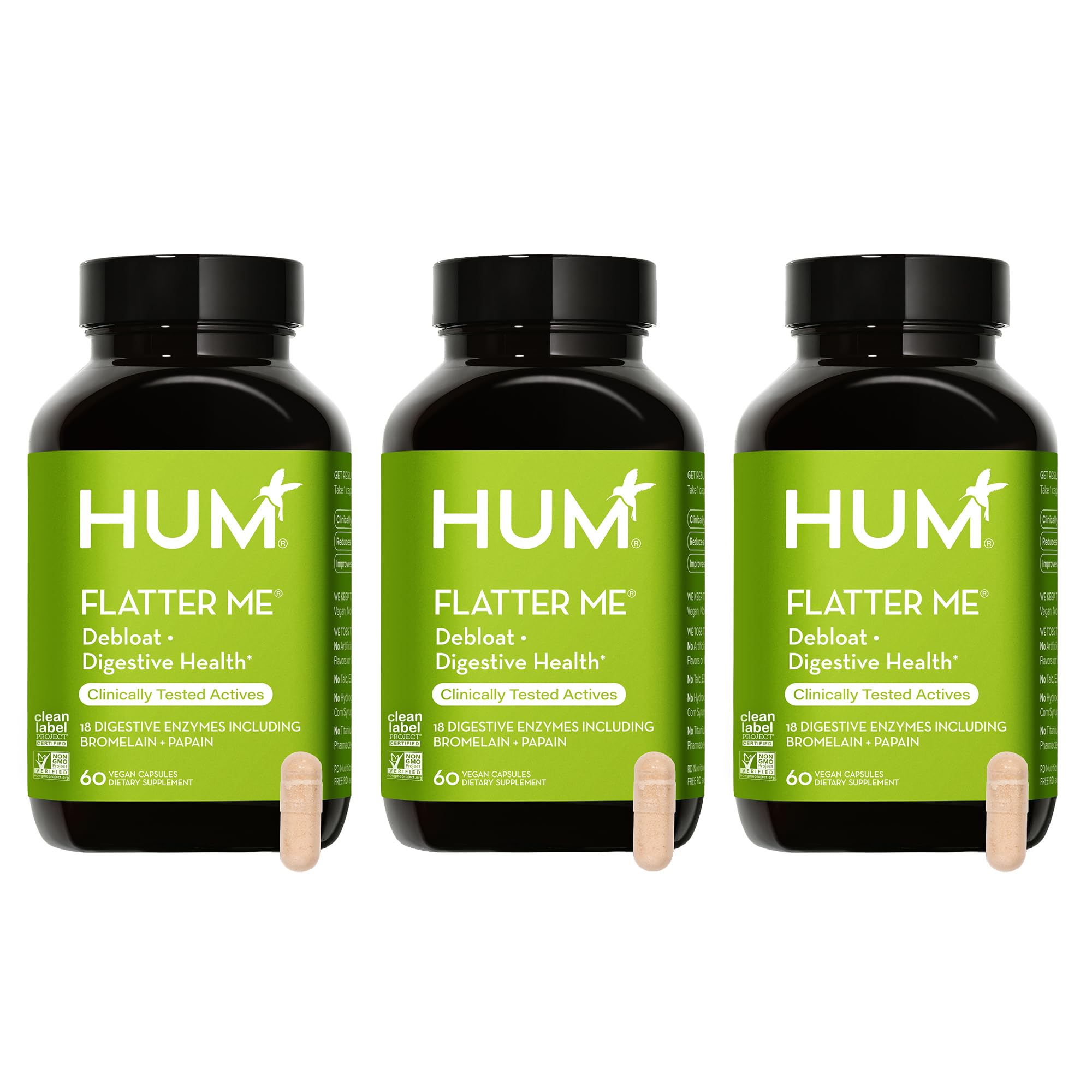 HUM Flatter Me : bouteille de gélules, soutien digestif potentiel au quotidien.