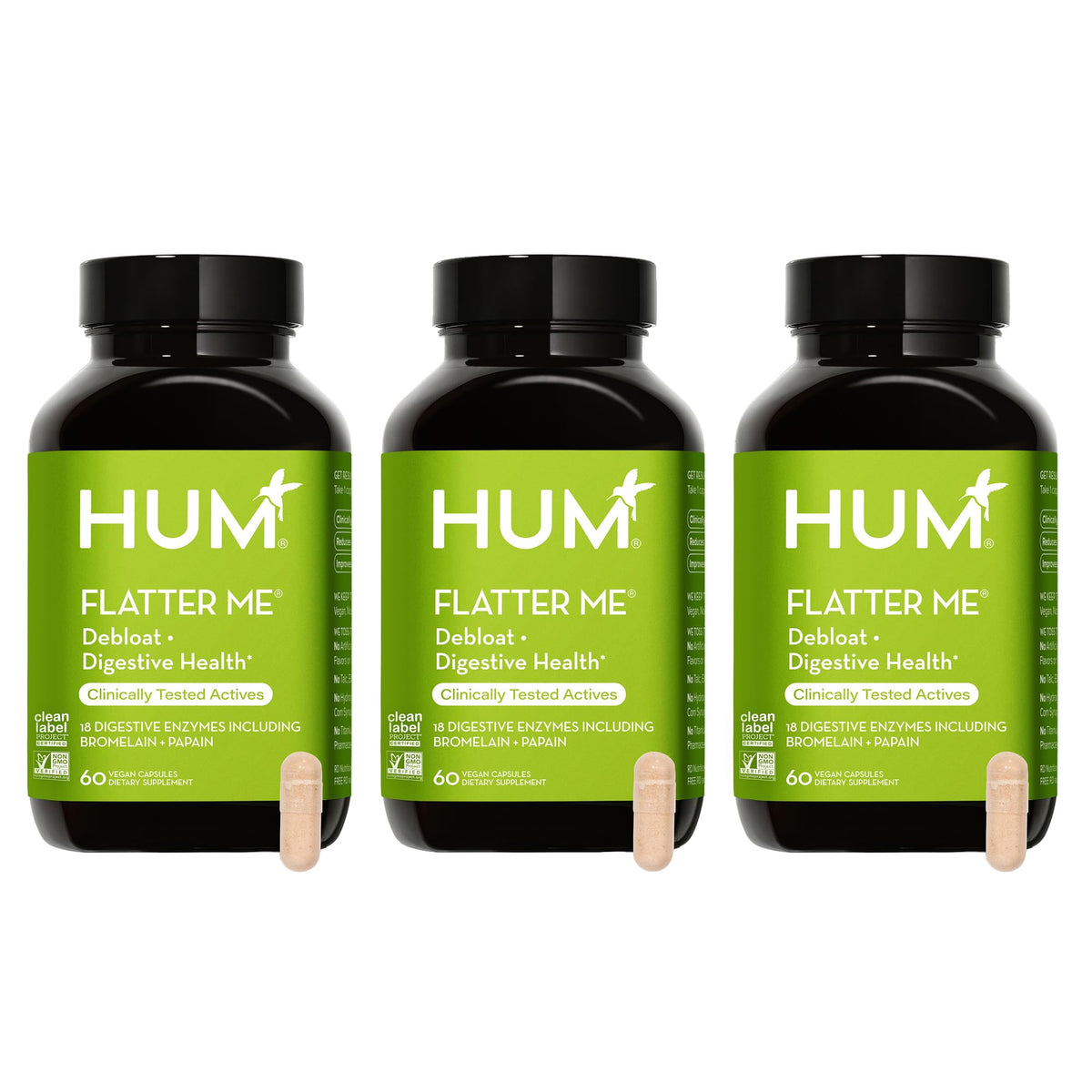 HUM Flatter Me : bouteille de gélules, soutien digestif potentiel au quotidien.