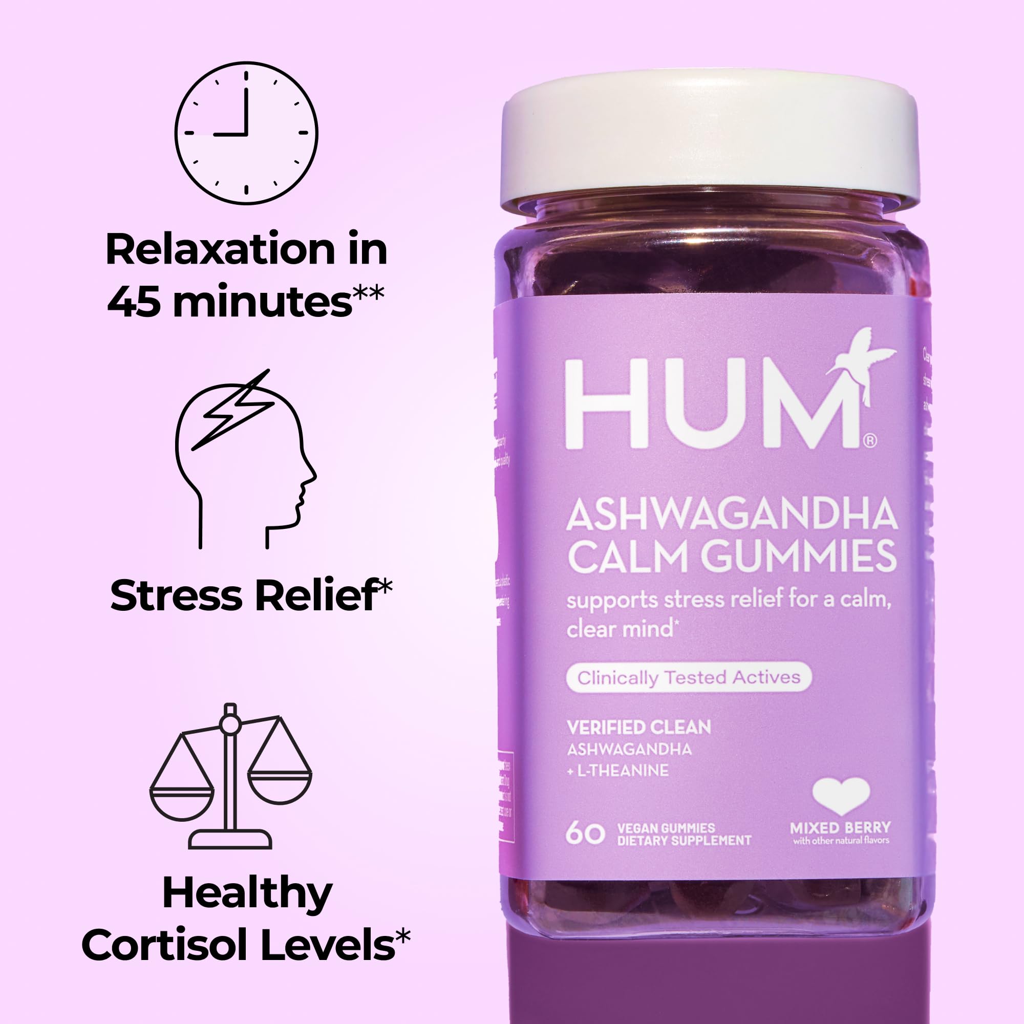 Gommes HUM Calm Ashwagandha et L-théanine au goût framboise.