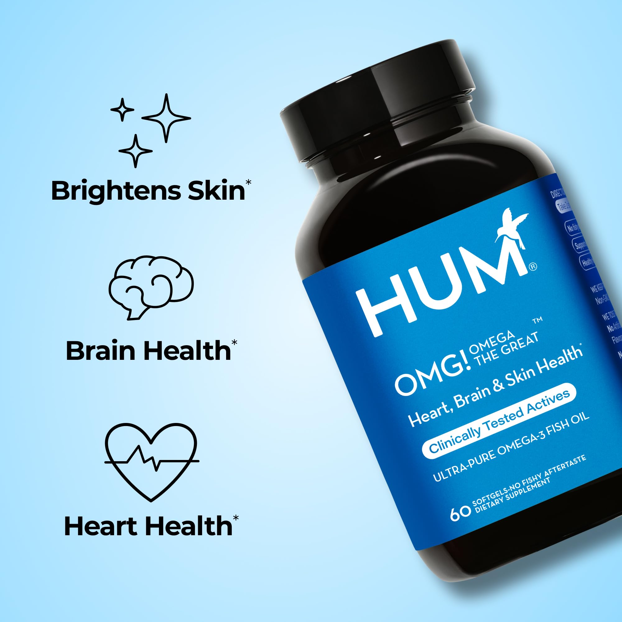 HUM OMG! Omega Grande, étiquette du produit avec liste d'ingrédients et sécurité.