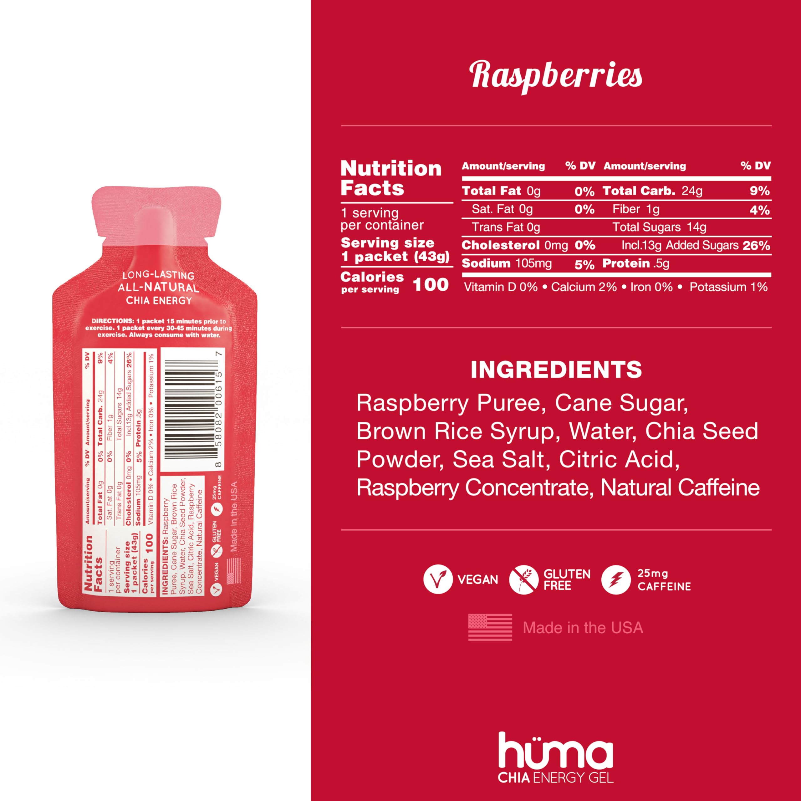 GEL CHIA HüMA framboises – goût fruité et énergie facile en course.