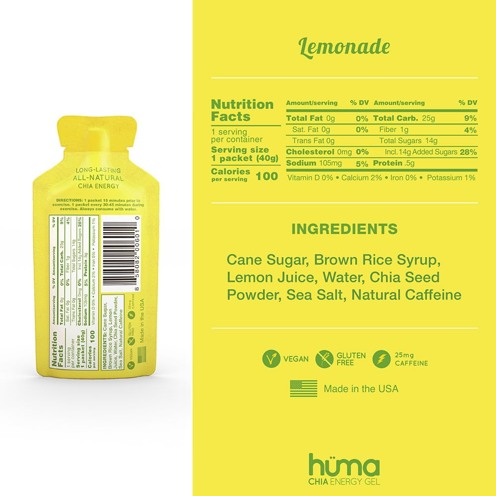HÜMA Chia Energy Gel Citronnade, sachet individuel et pratique.