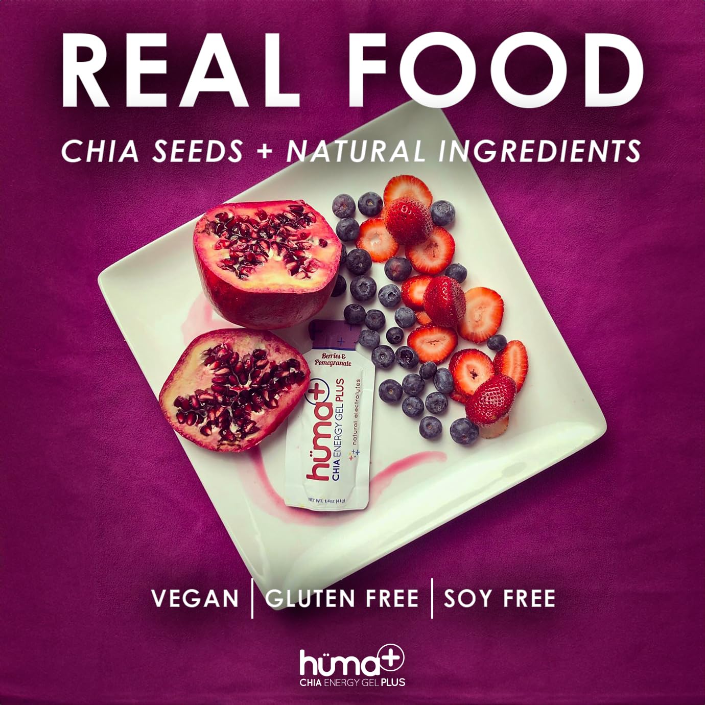 Ingrédients réels Huma Plus: fruits et chia pour énergie propre.