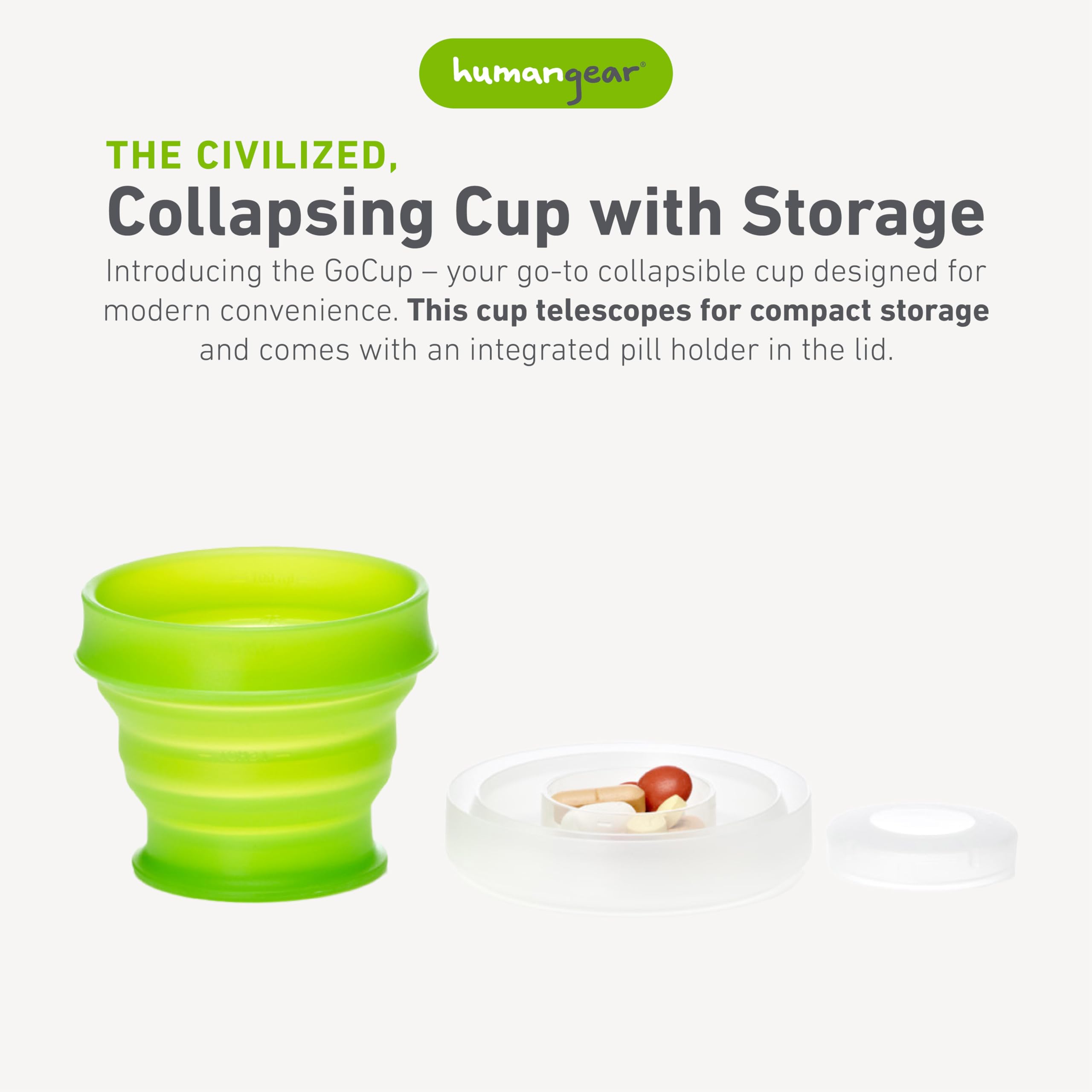 humangear GoCup avec étui-pilules intégré, transport sûr des médicaments.