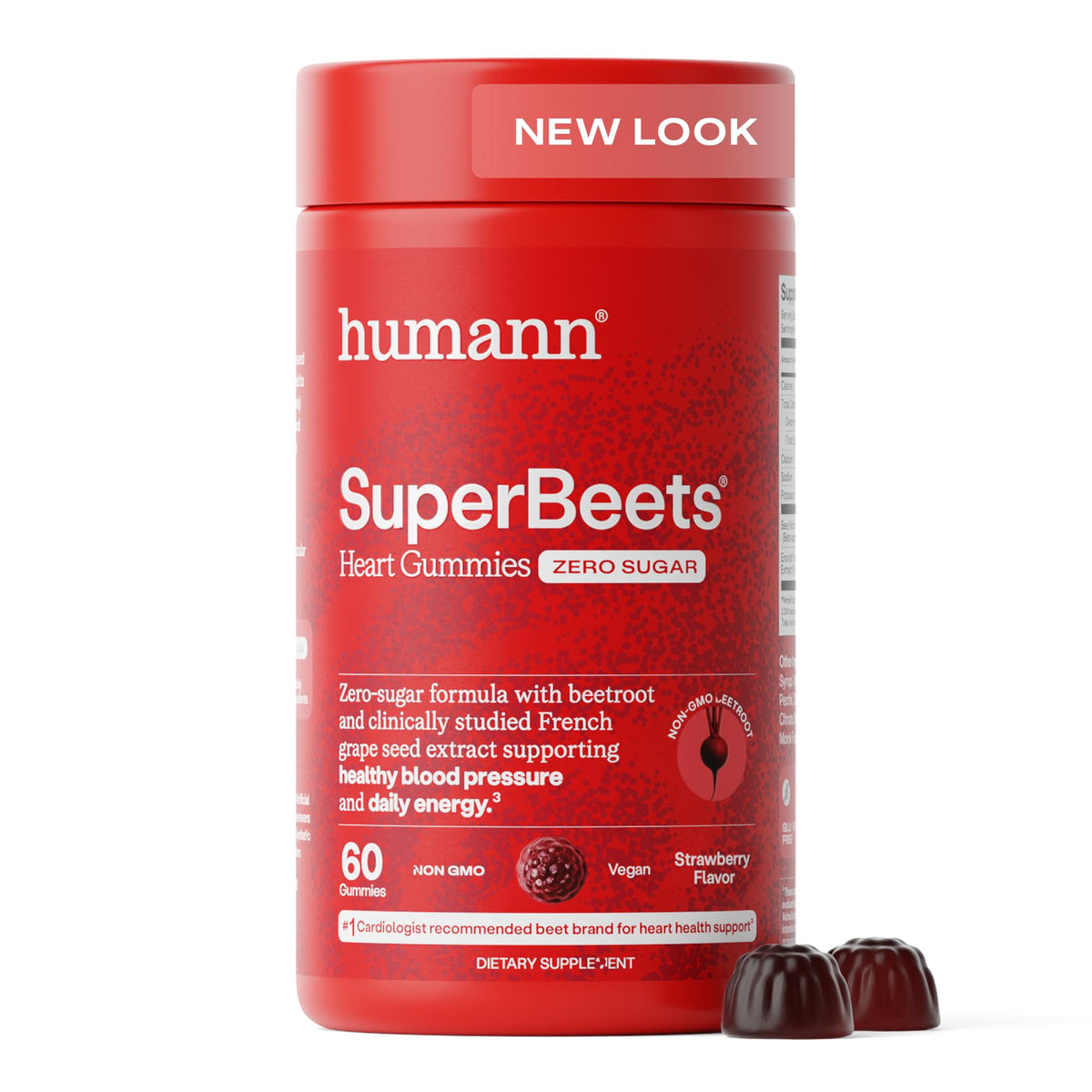 Gomme Humann SuperBeets cœur en bouteille, soutien potentiel énergie et circulation.