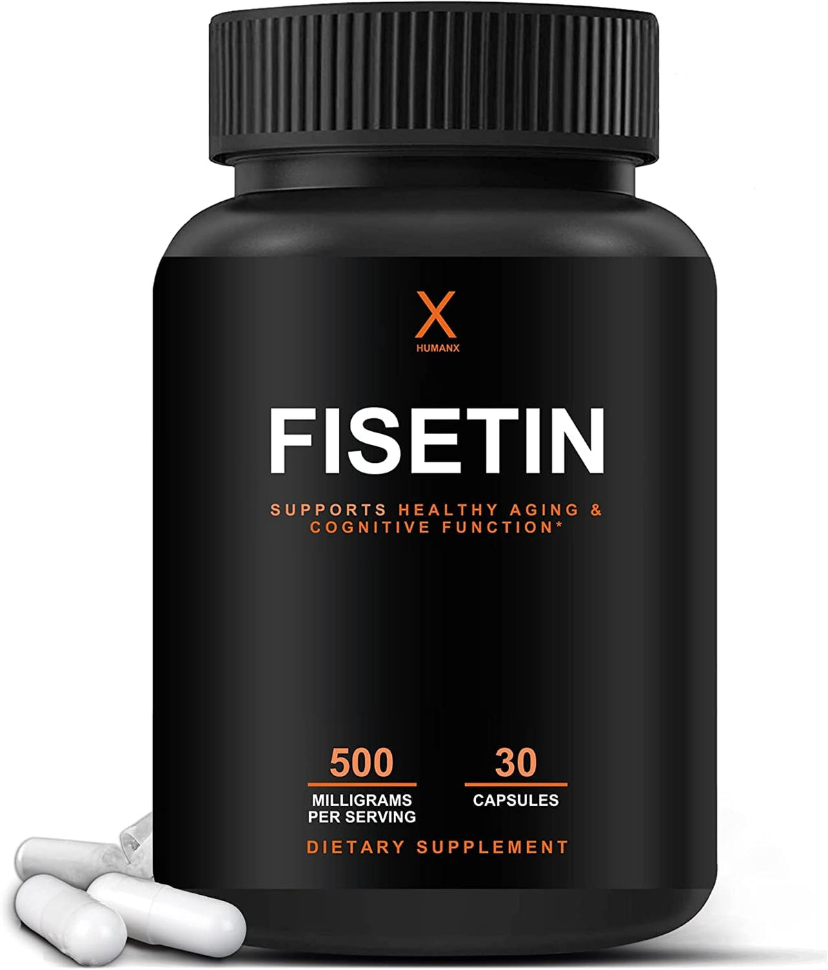 HUMANX Fisetin 500mg : bouteille de capsules prête au quotidien pour le soutien potentiel.