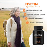 Étiquette HUMANX Fisetin 500mg : flacon clair indiquant dosage et mode d'emploi.