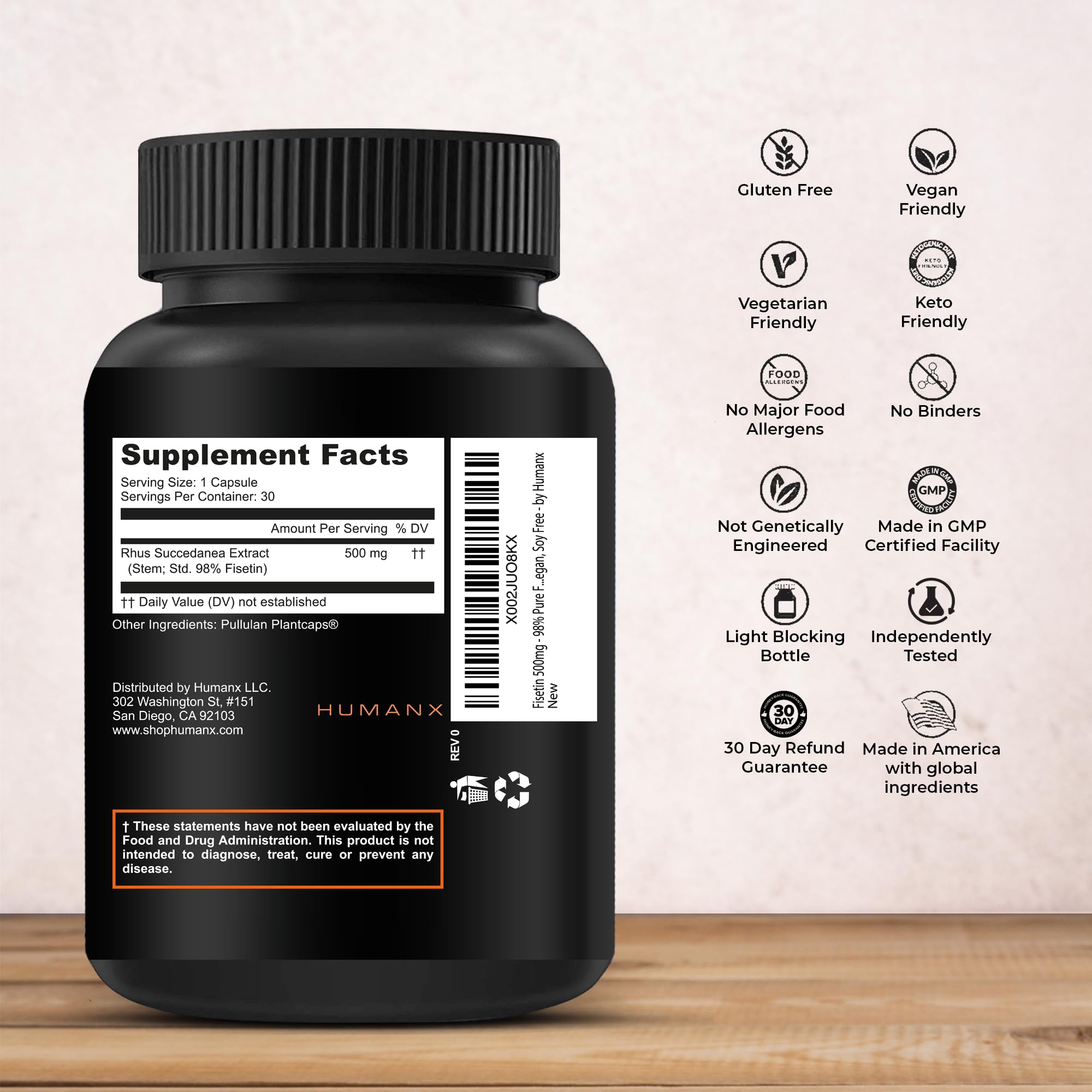 Gélules HUMANX Fisetin 500mg : aperçu de capsules faciles à avaler et pratiques.