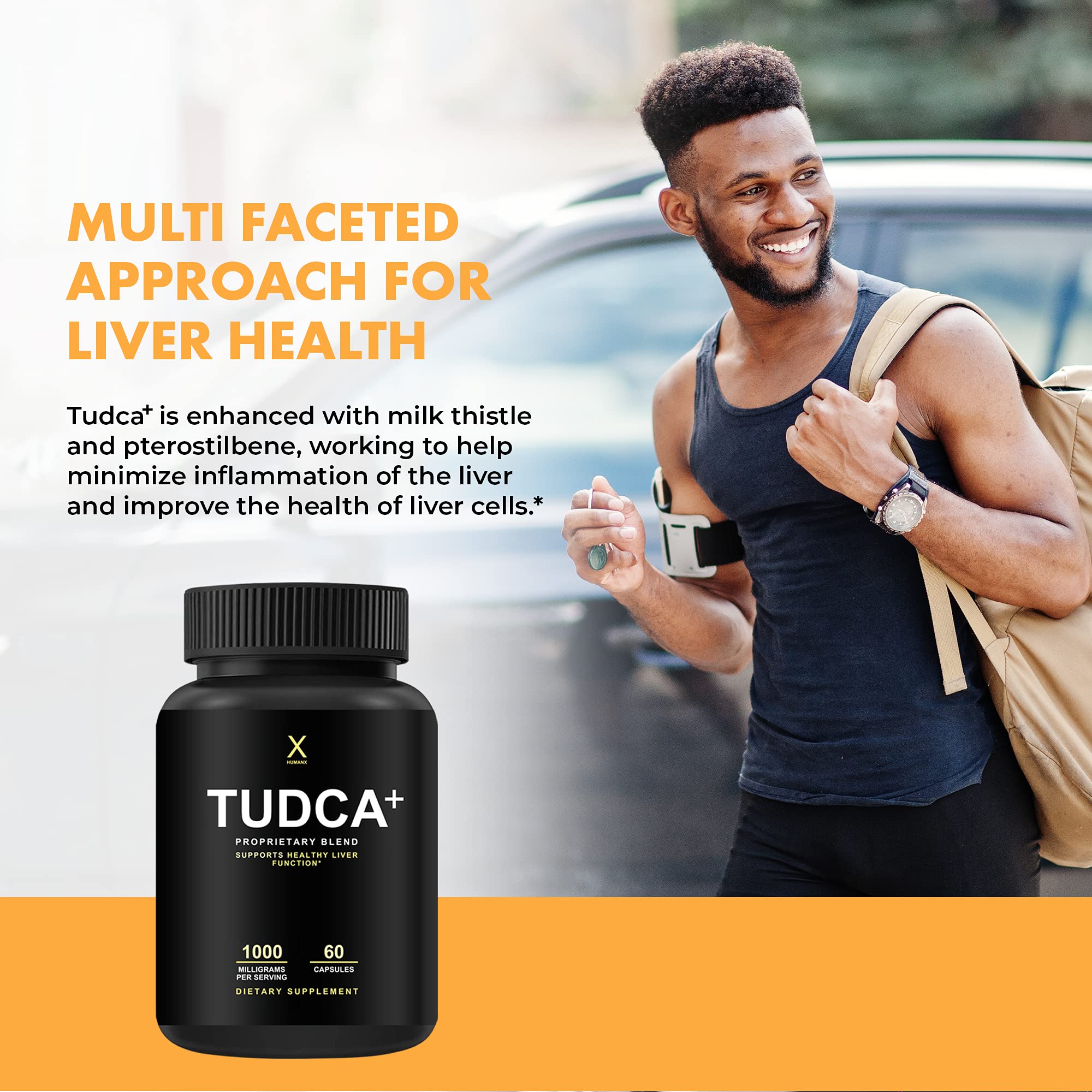 Tableau ingrédients HUMANX Tudca+ indiquant la dose de 1 000 mg par portion.