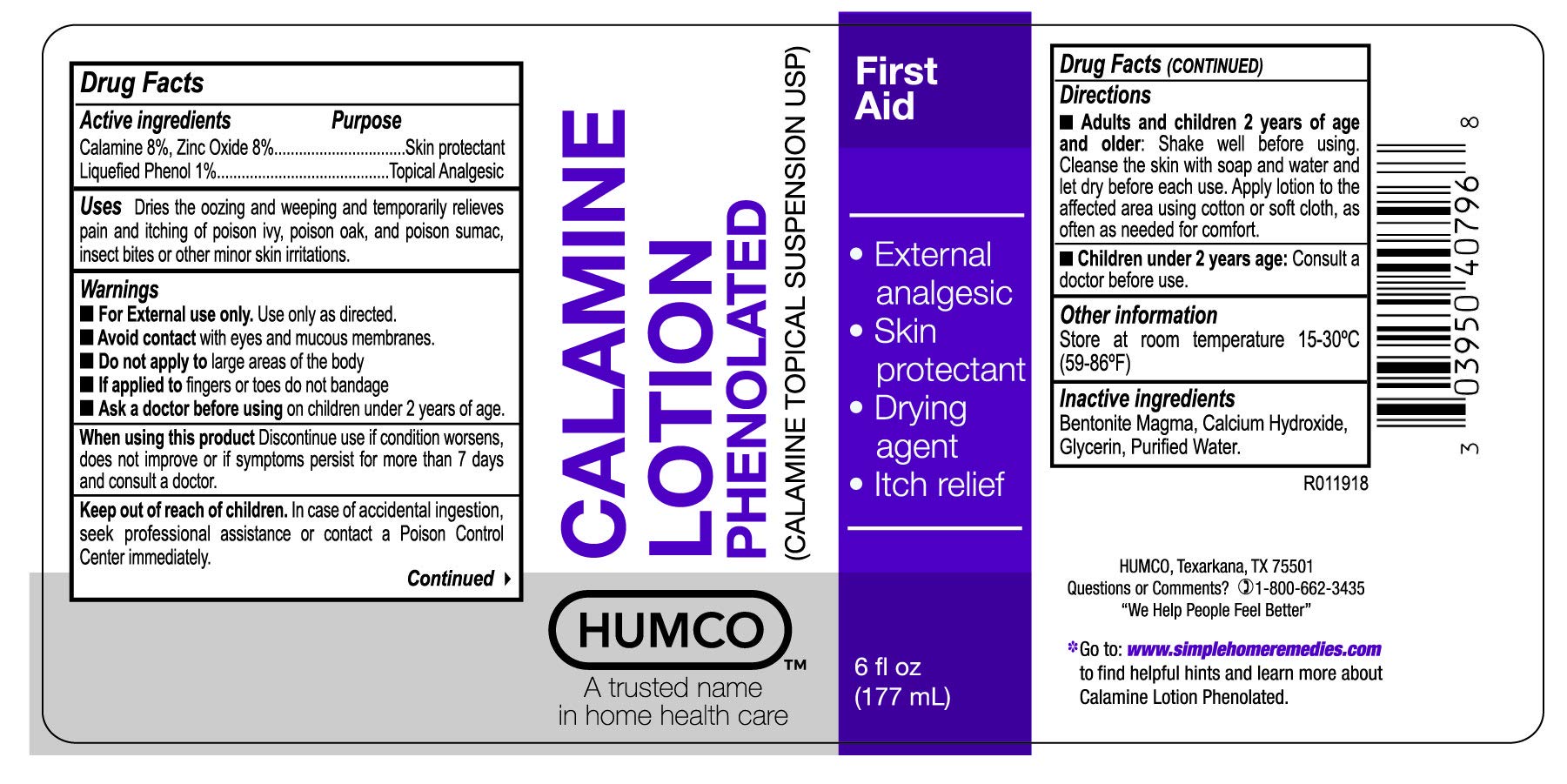 Humco Calamine Lotion – étiquette et emballage visibles, prêt pour le soin quotidien des irritations cutanées.