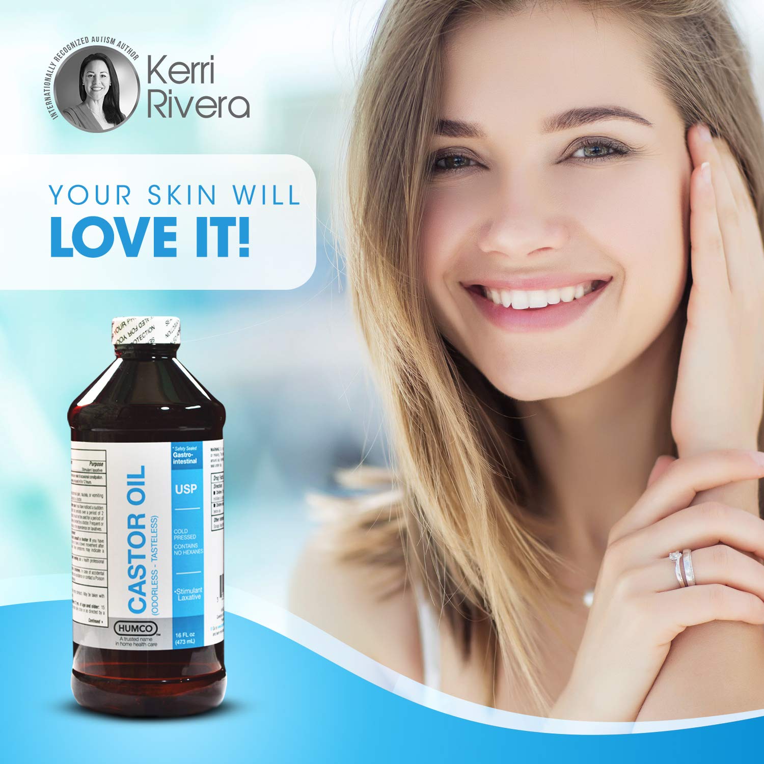 Application sur peau avec Humco huile de ricin USP 16oz, hydratation et douceur quotidiennes.