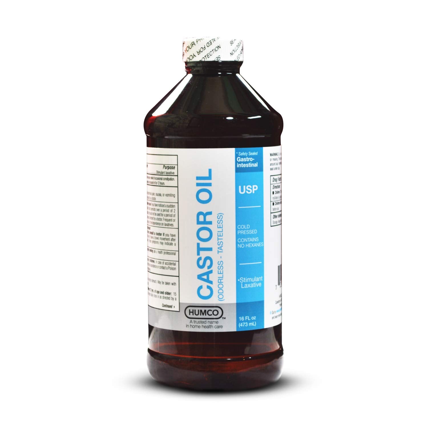 Humco huile de ricin USP 16oz, bouteille presse froide, idéale pour soins capillaires et peau.
