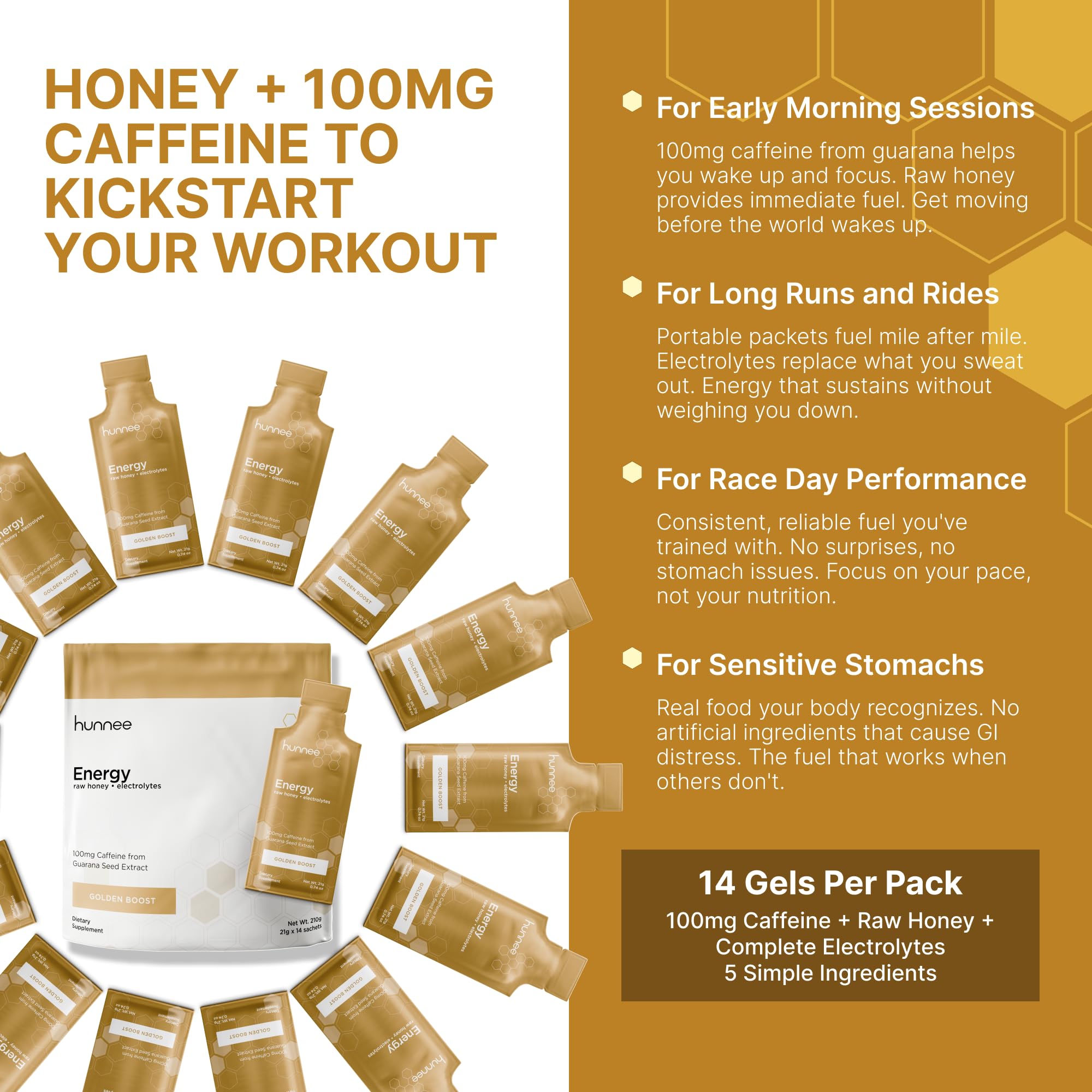 50 mg de caféine naturelle du guarana dans Hunnee H Energy Golden Boost, boost discret.