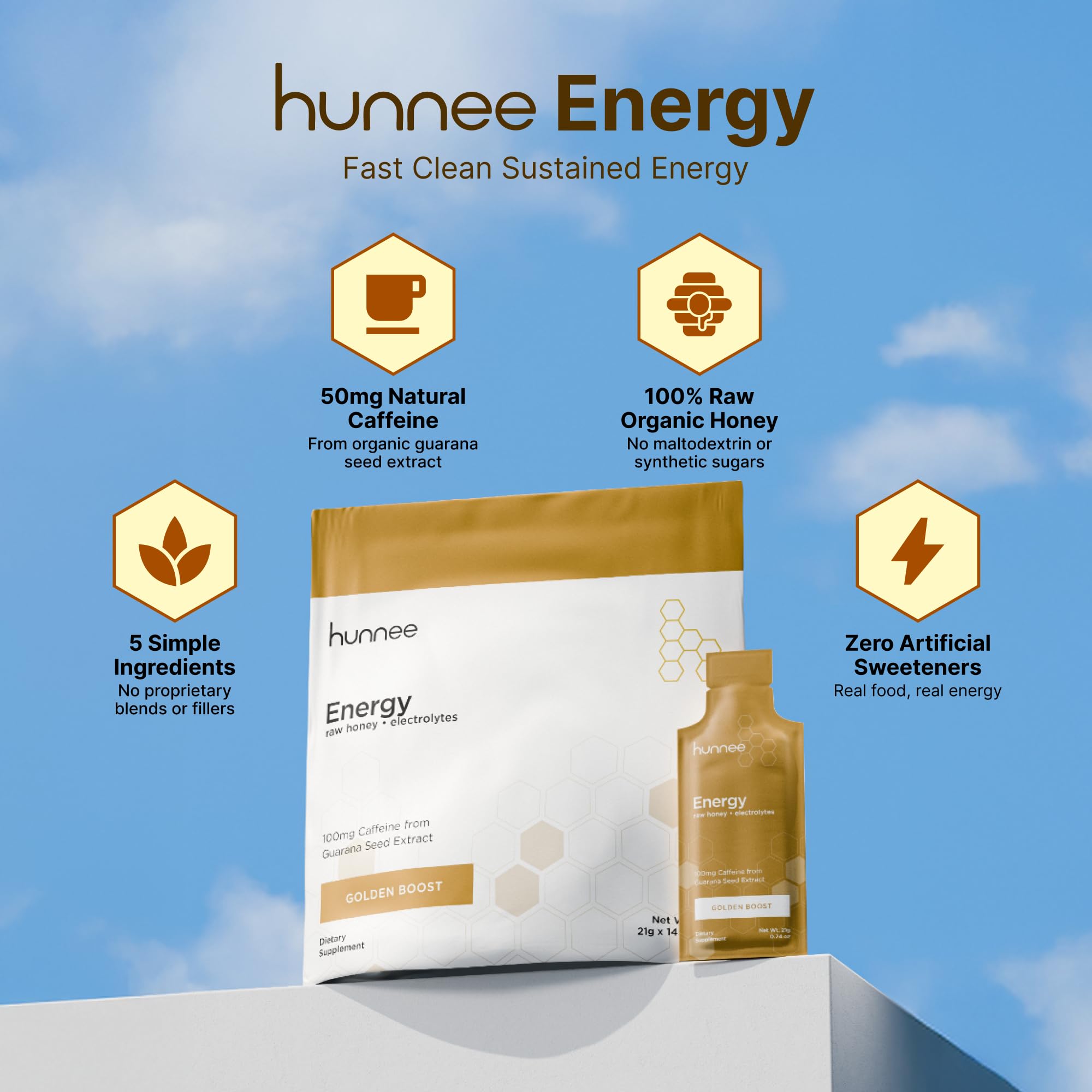 Hunnee H Energy Golden Boost, ingrédients simples et transparents pour énergie naturelle.