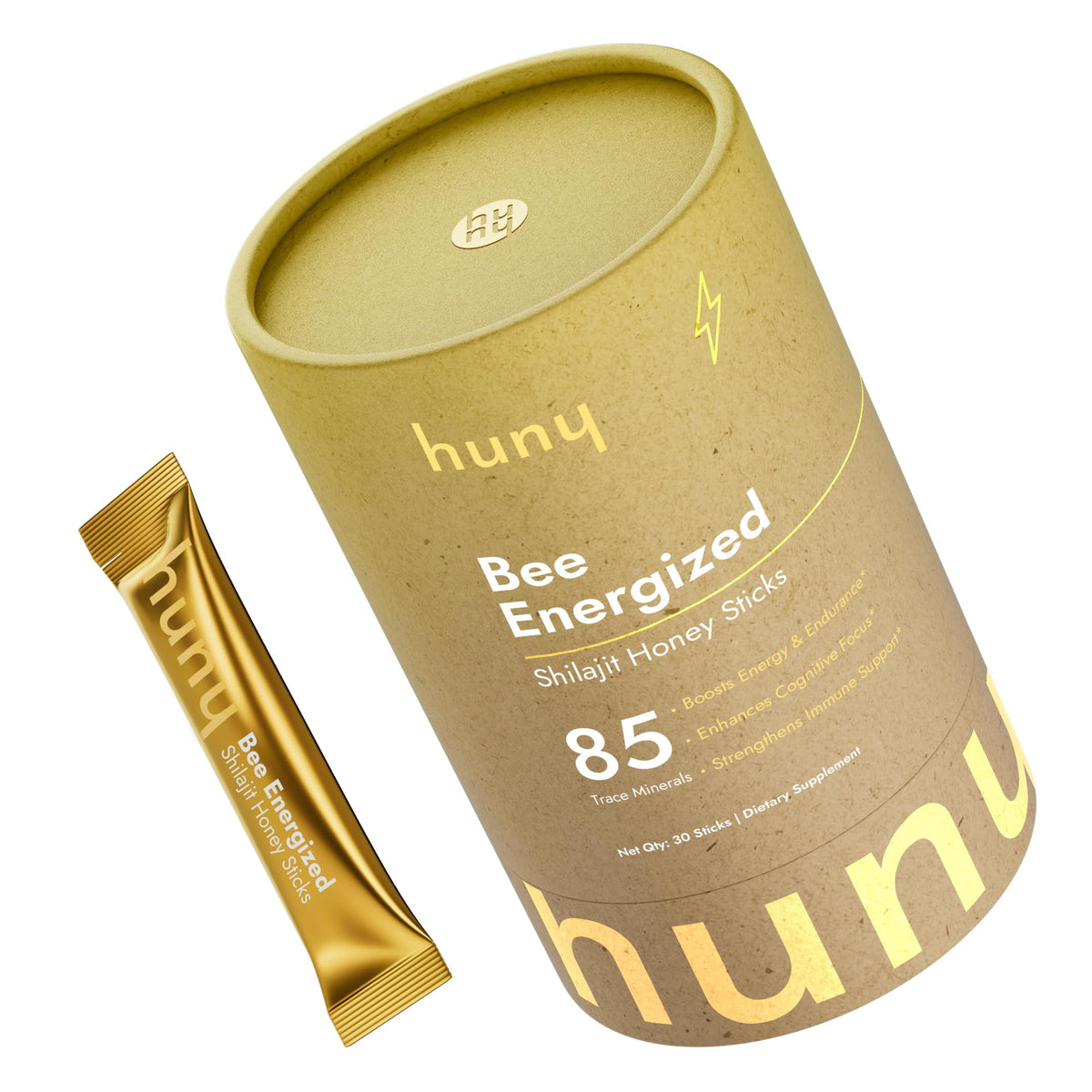 HUNY Bee Energized Shilajit Honey Stick en emballage, énergie prête à emporter.