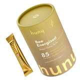 HUNY Bee Energized Shilajit Honey Stick en emballage, énergie prête à emporter.