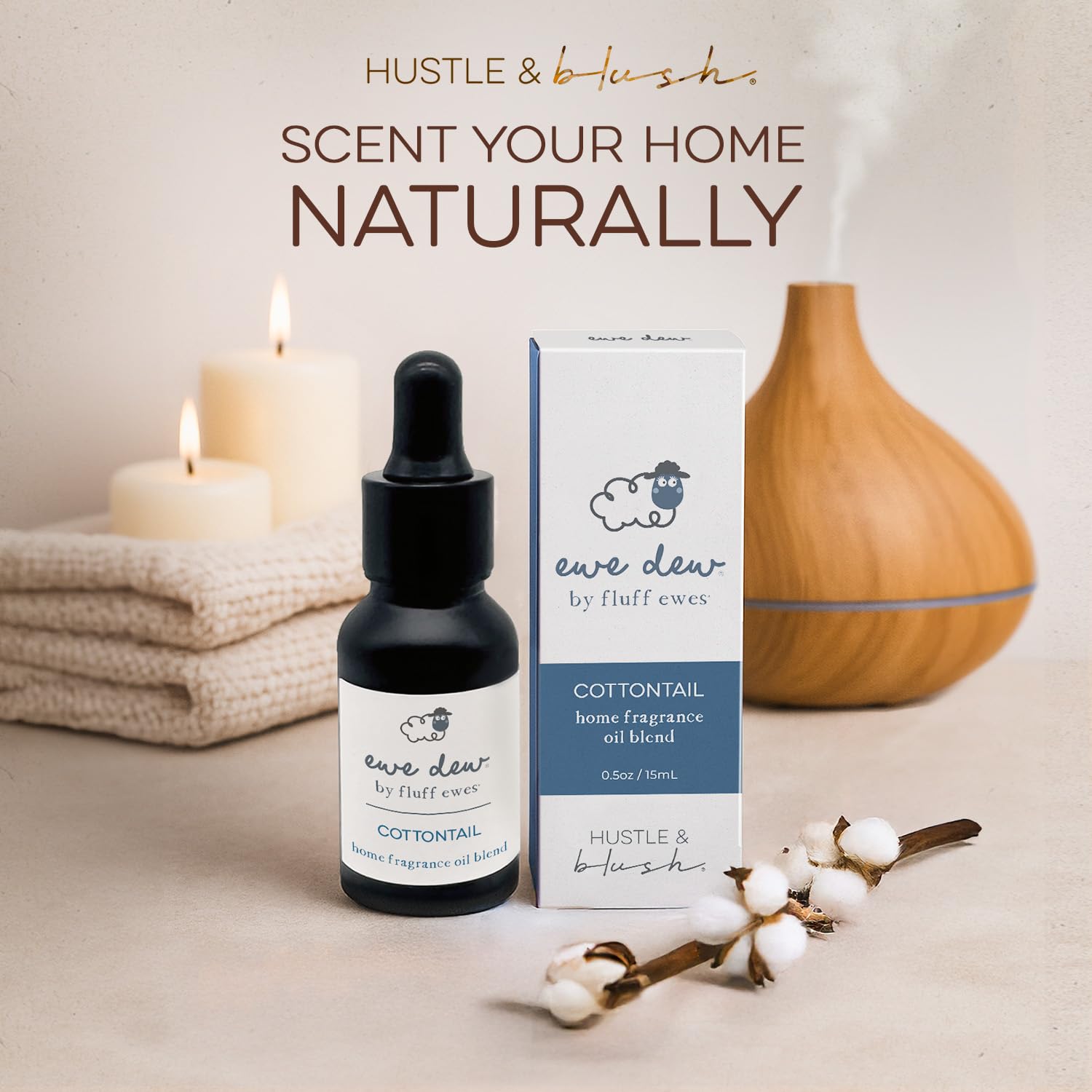 Hustle & Blush Cottontail, diffuseur aromathérapie, ambiance douce et naturelle.