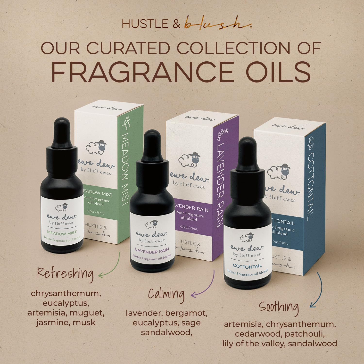 Hustle & Blush Cottontail, étui compact, huile polyvalente pour voyage et diffusion.
