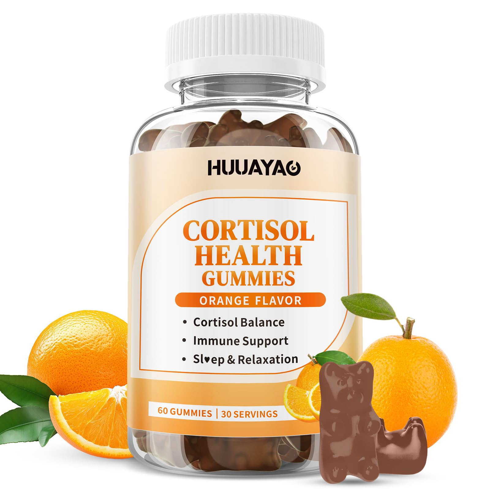 Gomme cortisol HUUAYAO, bouteille de gummies, favorise relaxation et équilibre quotidien.