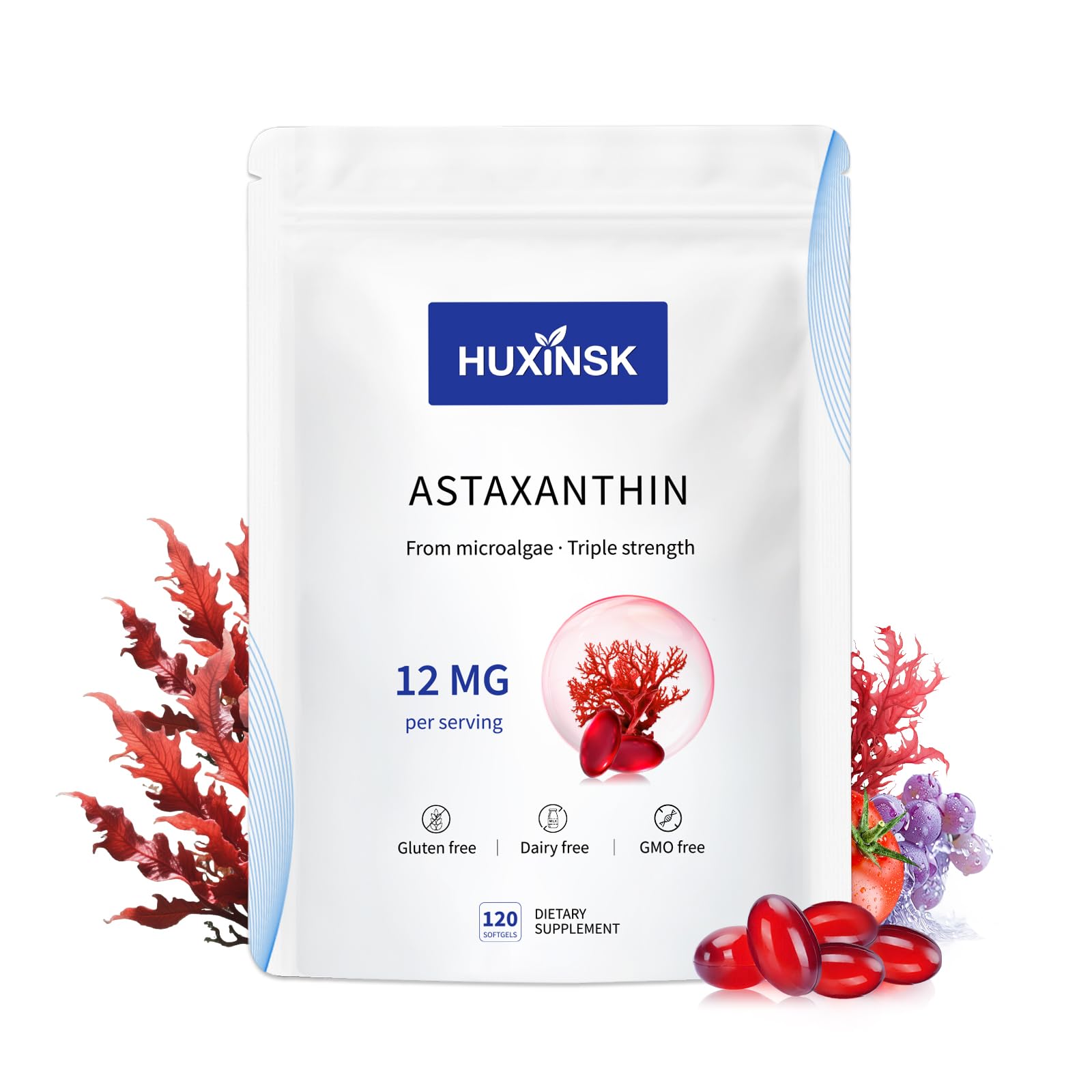 HUXINSK Astaxanthine 12 mg – bouteille de gélules, soutien potentiel énergie et peau