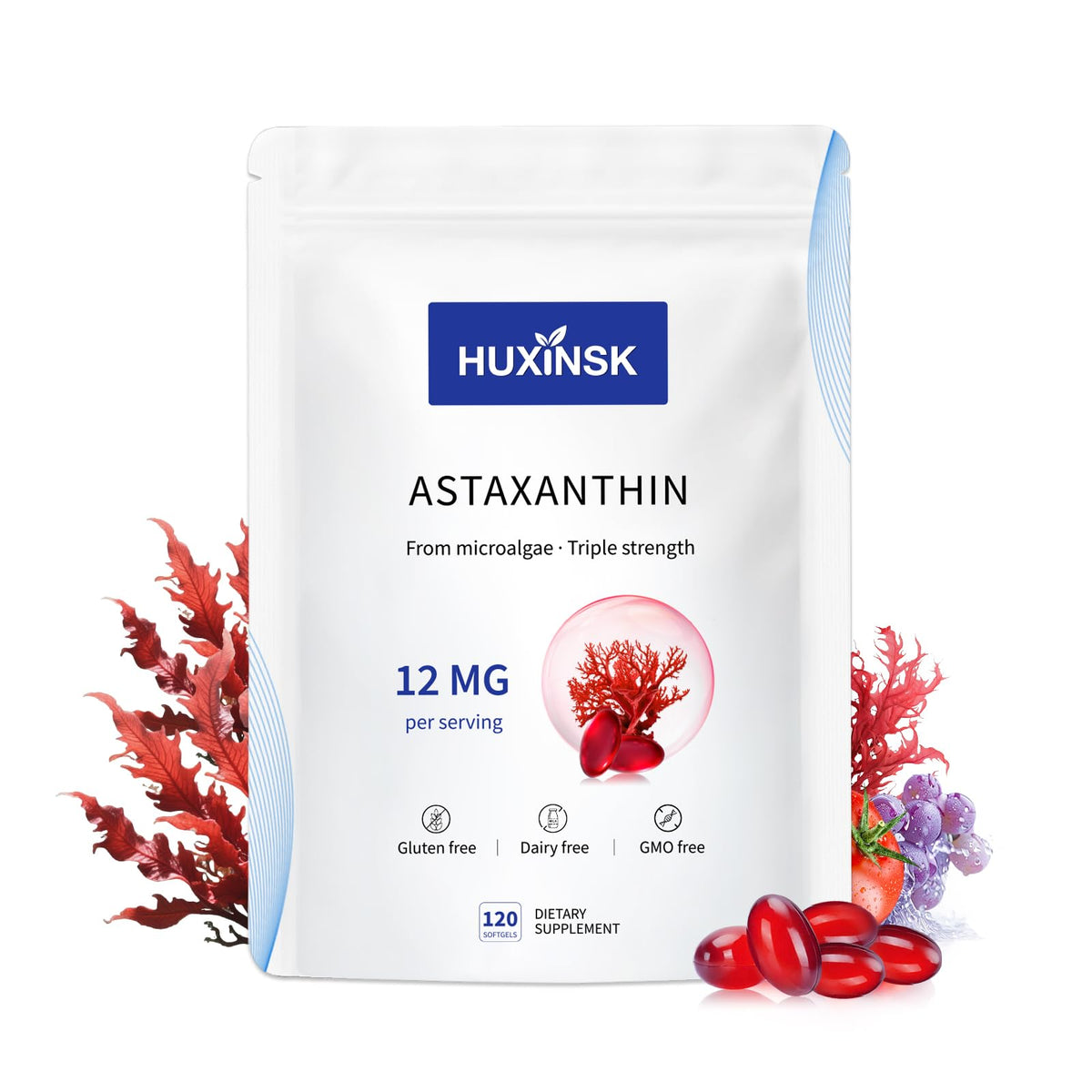 HUXINSK Astaxanthine 12 mg – bouteille de gélules, soutien potentiel énergie et peau