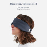 Huzi Infinity Travel masque yeux bambou violet réduit les nuisances sonores pour un repos plus calme.